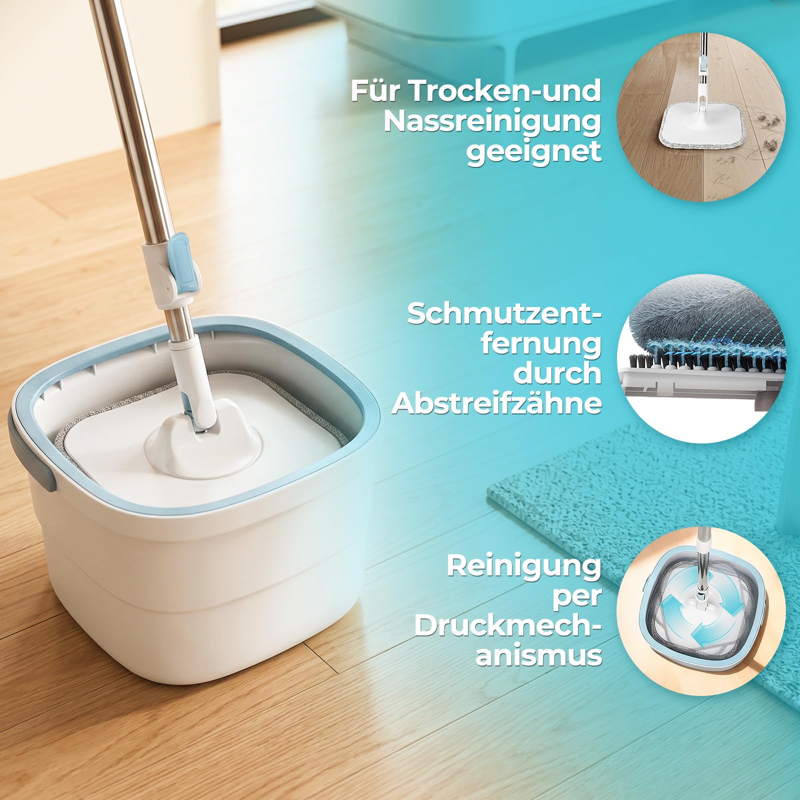 Set de Mopa Plana con Cubo, Doble Compartimento para Separar Agua Limpia y Sucia, Mango Telescópico y 2 Almohadillas de Microfibra, para Limpieza en Seco y Húmedo