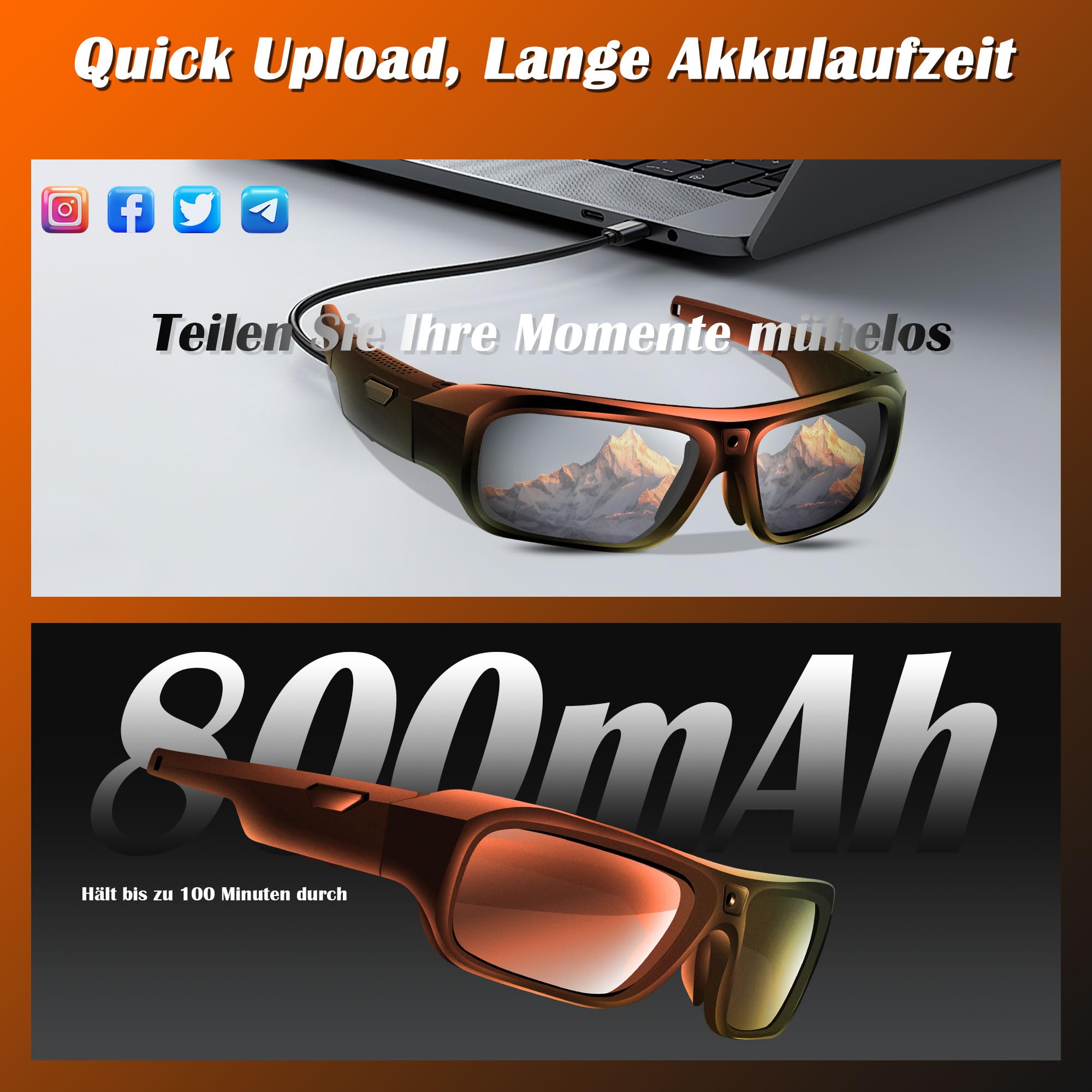 Mini Kamera, Brille Mit Kamera 4k, Aktualisierte Tragbare Videobrille Für Outdoor Und Reisen, Sonnenkamerabrille Mit Uv-Schutz, Unterstützung Nehmen Foto/Video