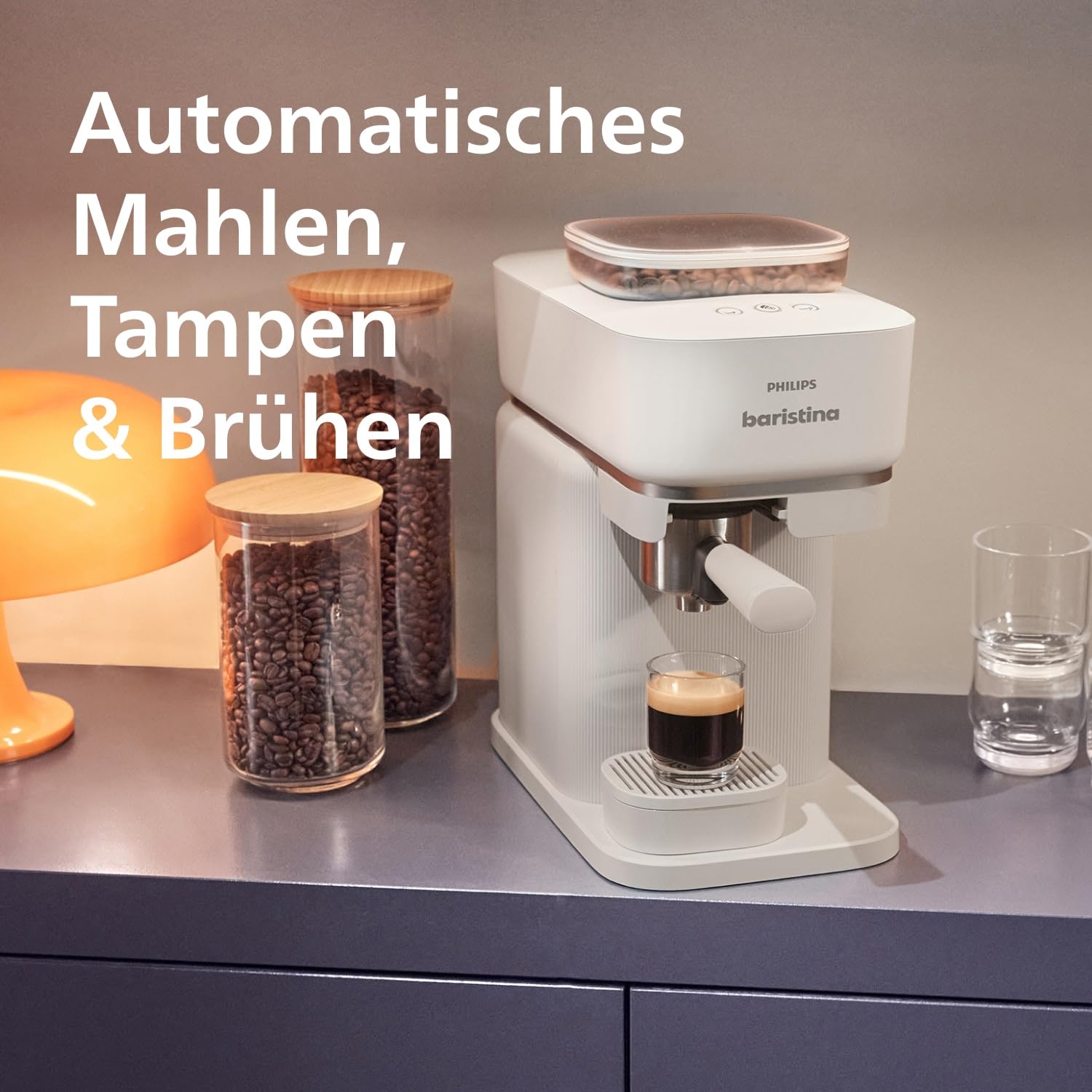 Philips Baristina Espressomaschine und Milchaufschäumer Paket –Automatisches Mahlen, Tampen & Brühen, 16 Bar, Kaffeemaschine mit Mahlwerk & Siebträger, leichte Reinigung, Naturweiß (BAR308/00)