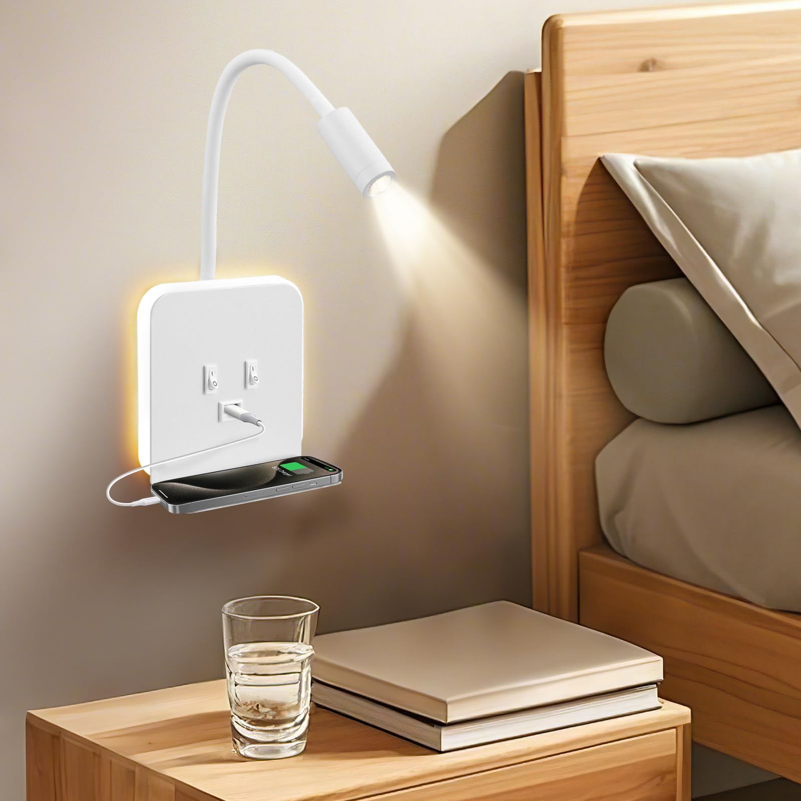 2pcs Lampada da Parete a LED, Lampada da Comodino a Collo di Cigno, Lampada da Lettura Regolabile da Comodino, Luce da Lettura 3 in 1 con Porta di Ricarica USB, Supporto per Cellulare(Bianco)