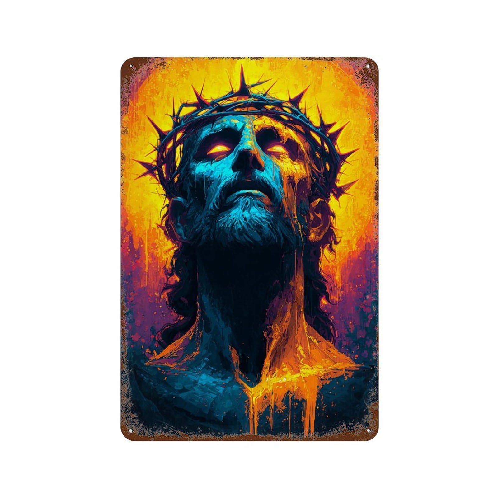 Vintage Rust Metal Sign with Jesu Christ Crown Thorns Painting Design 11.8"x7.9", for Office, Studio And Wall Decor, Farmhouse Wall Decor