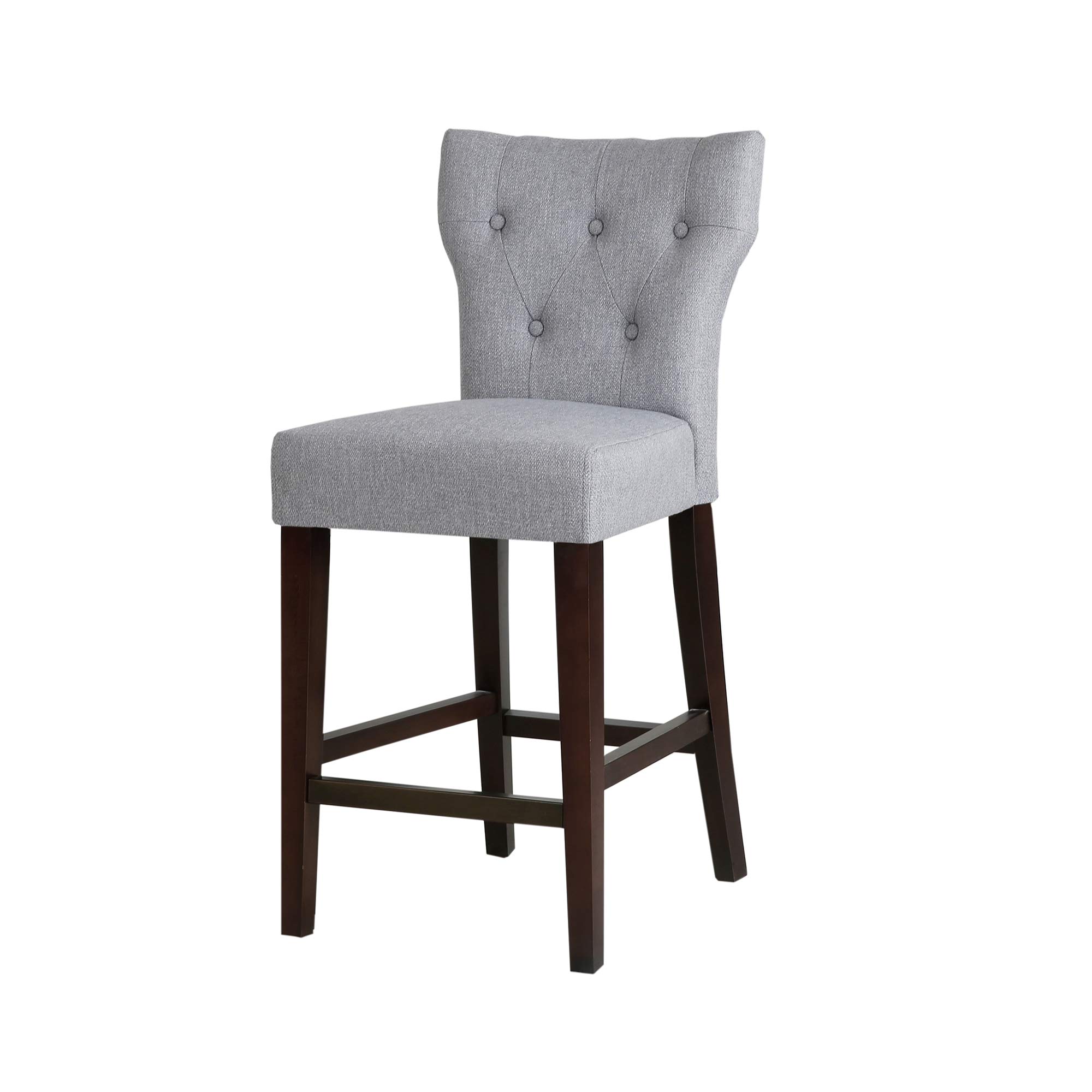 Madison Park Avila Bar Stools - Hardwood, Linen Kitchen Stool - Light Grey, Modern Classic Style Bar Height Stools - 1 Piece Button Tufted Bar Furniture For Home