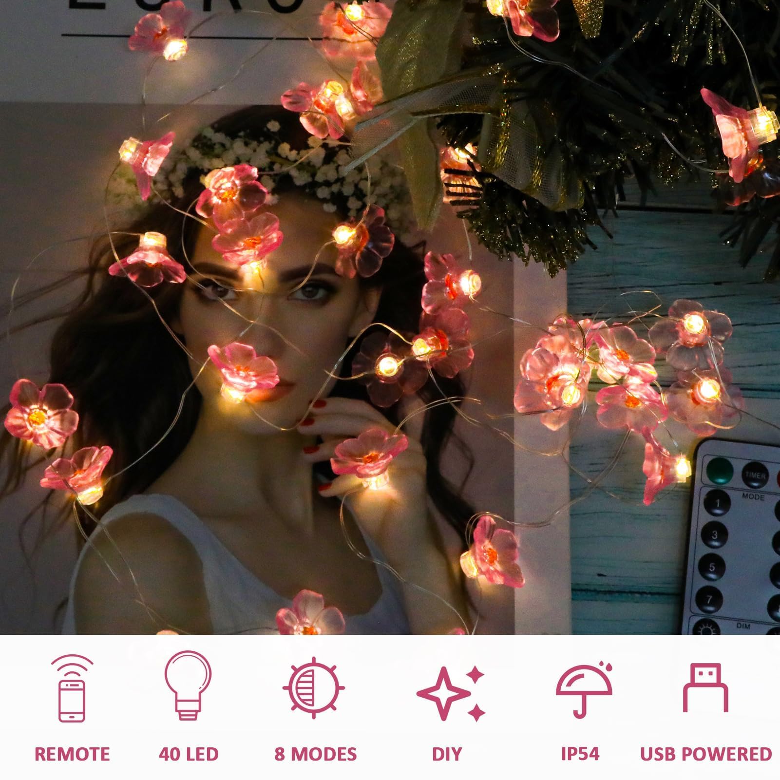 Guirlande Lumineuse LED Fleurs De Cerisier 4m 40 LEDs Rose - À Piles Avec Minuterie Pour Mariage, Intérieur Et Ambiance Romantique