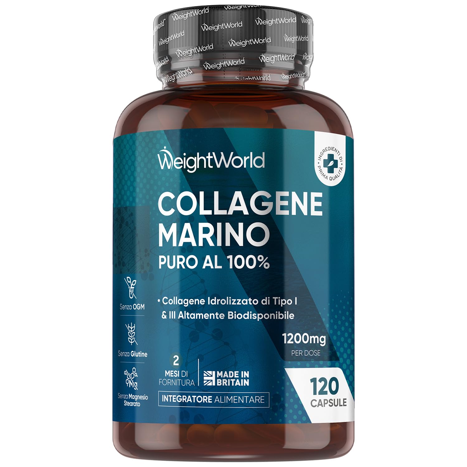 Collagene Marino Idrolizzato da 1200mg per Dose, 100% Puro, in 120 Capsule, Peptidi di Collagene Idrolizzato di Tipo 1 e 3 (2 Mesi di Scorta), Privo di Magnesio Stearato e Senza Glutine né Additivi