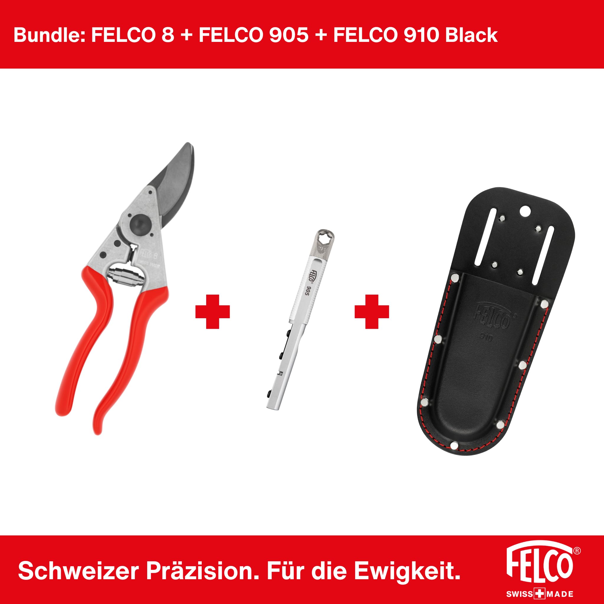 FELCO 8 Profi-Gartenschere Bypass 25 mm für Rechtshänder mit ergonomischem Griff + Lederholster 910 Black + Schärfer 905