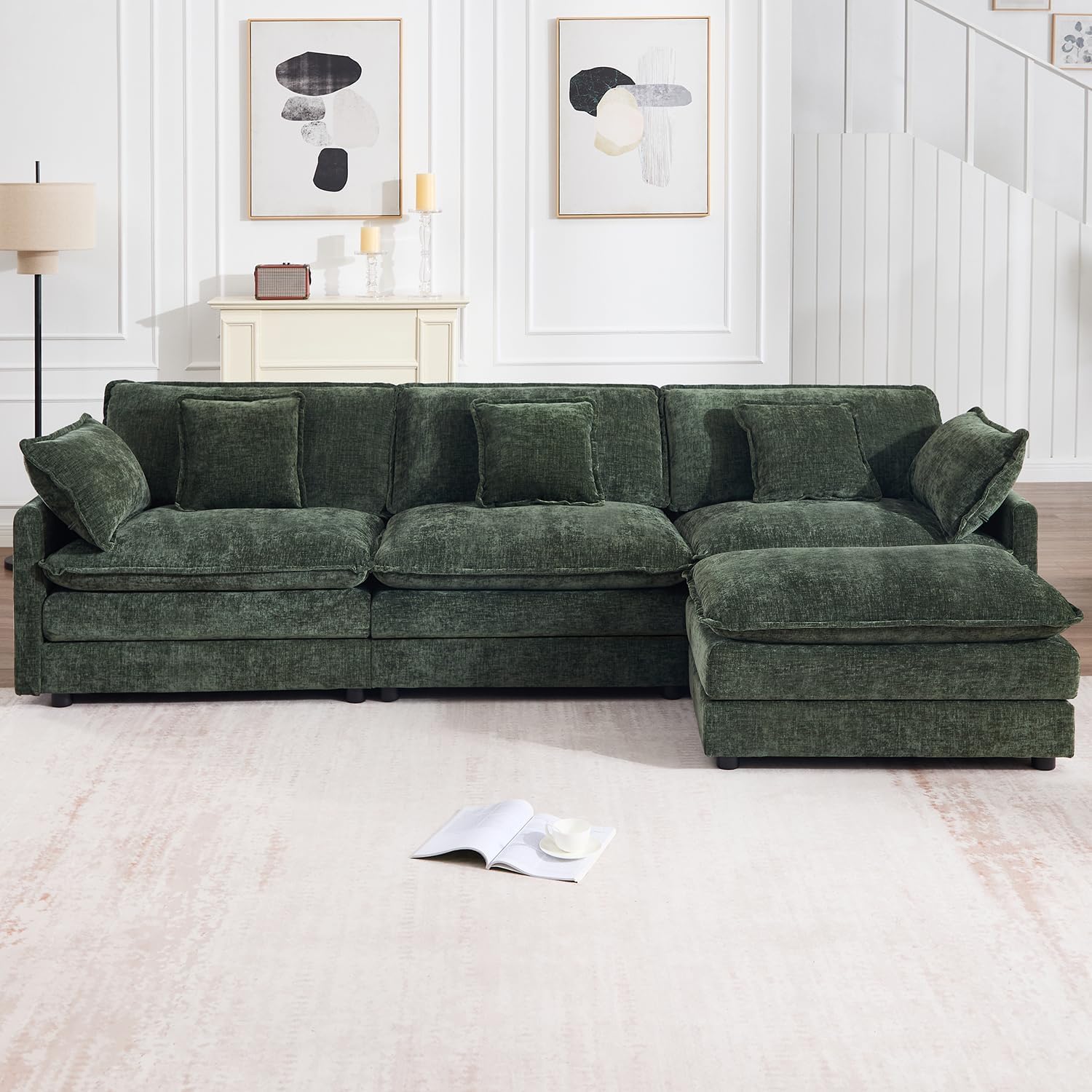 111.5" Modular Sectional Sofa, Large L Shaped Sectionals Cloud Couch, Big Comfy 3-Seat Couch with Ottoman, 4 Seater Chenille Sectional Sofa with Deep Seat and 5 Pillows for Living Room- Green