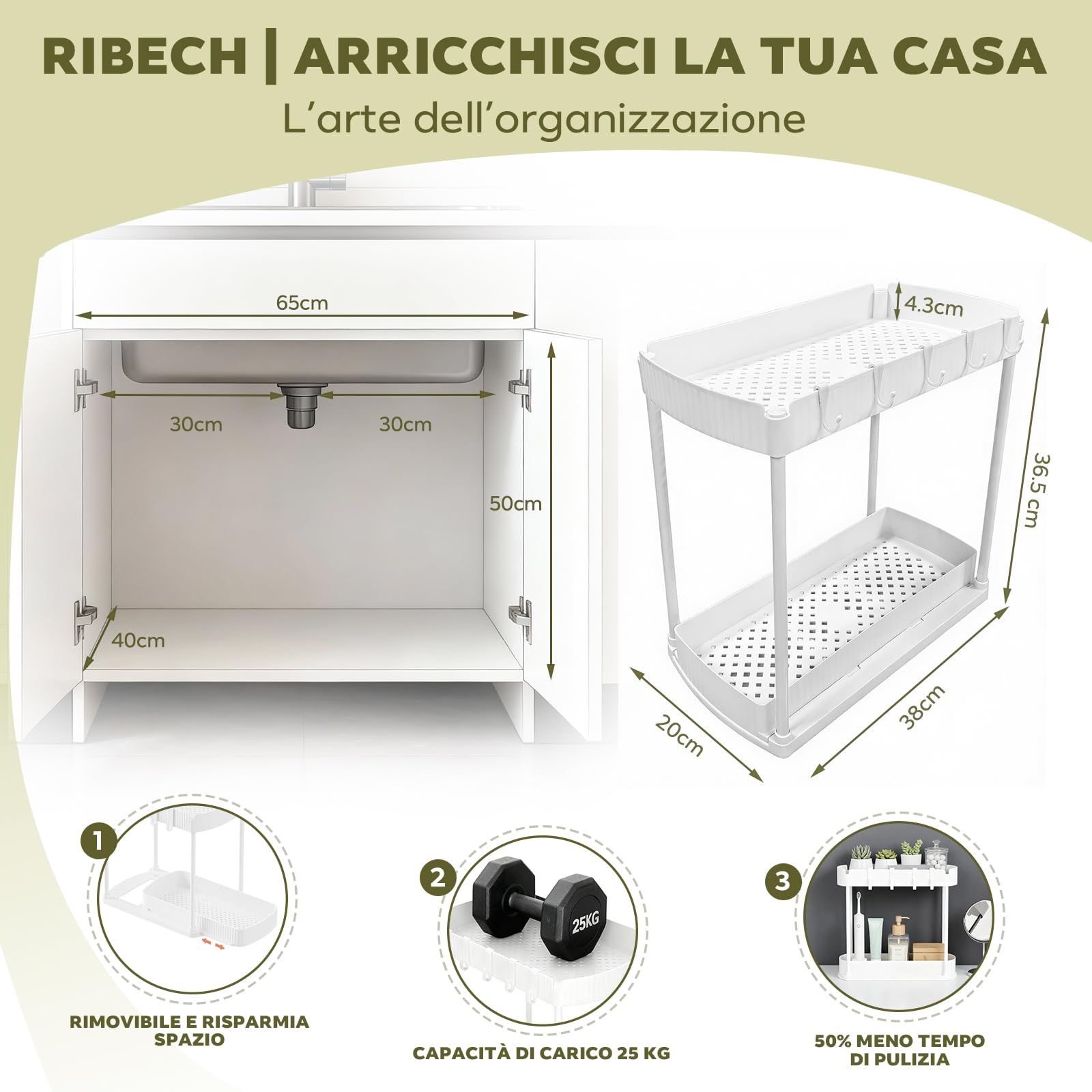 Scaffale per Sottolavello 2 Piani, con Cassetto Estraibile e Vassoio, Organizzatore Multiuso per Cucina e Bagno, Bianco