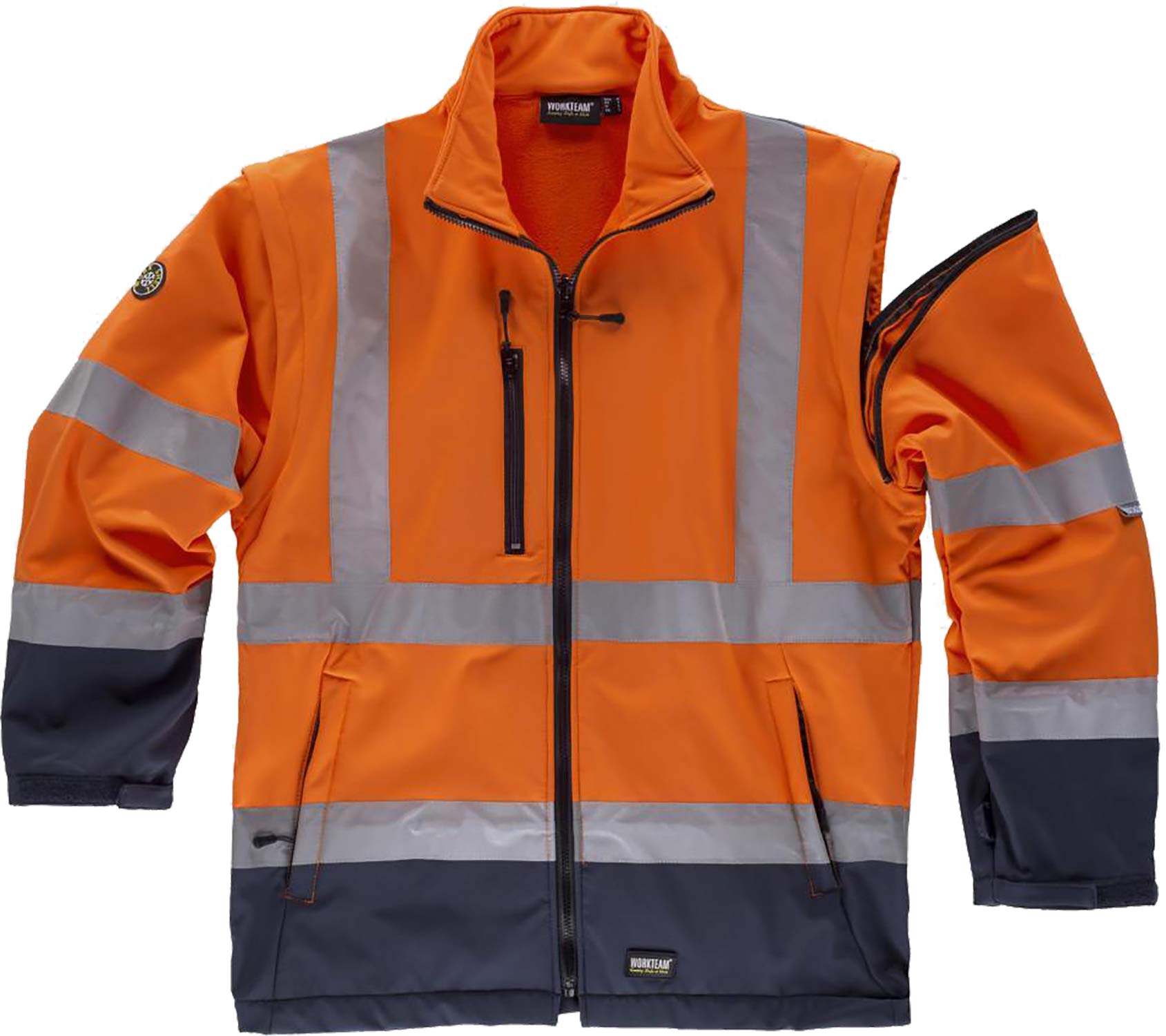WORKTEAM Parka Convertible 4 en 1 Alta Visibilidad, Impermeable y con Chaqueta Interior Softshell Desmontable, Cintas Reflectantes, Protección Frío y Lluvia. Hombre