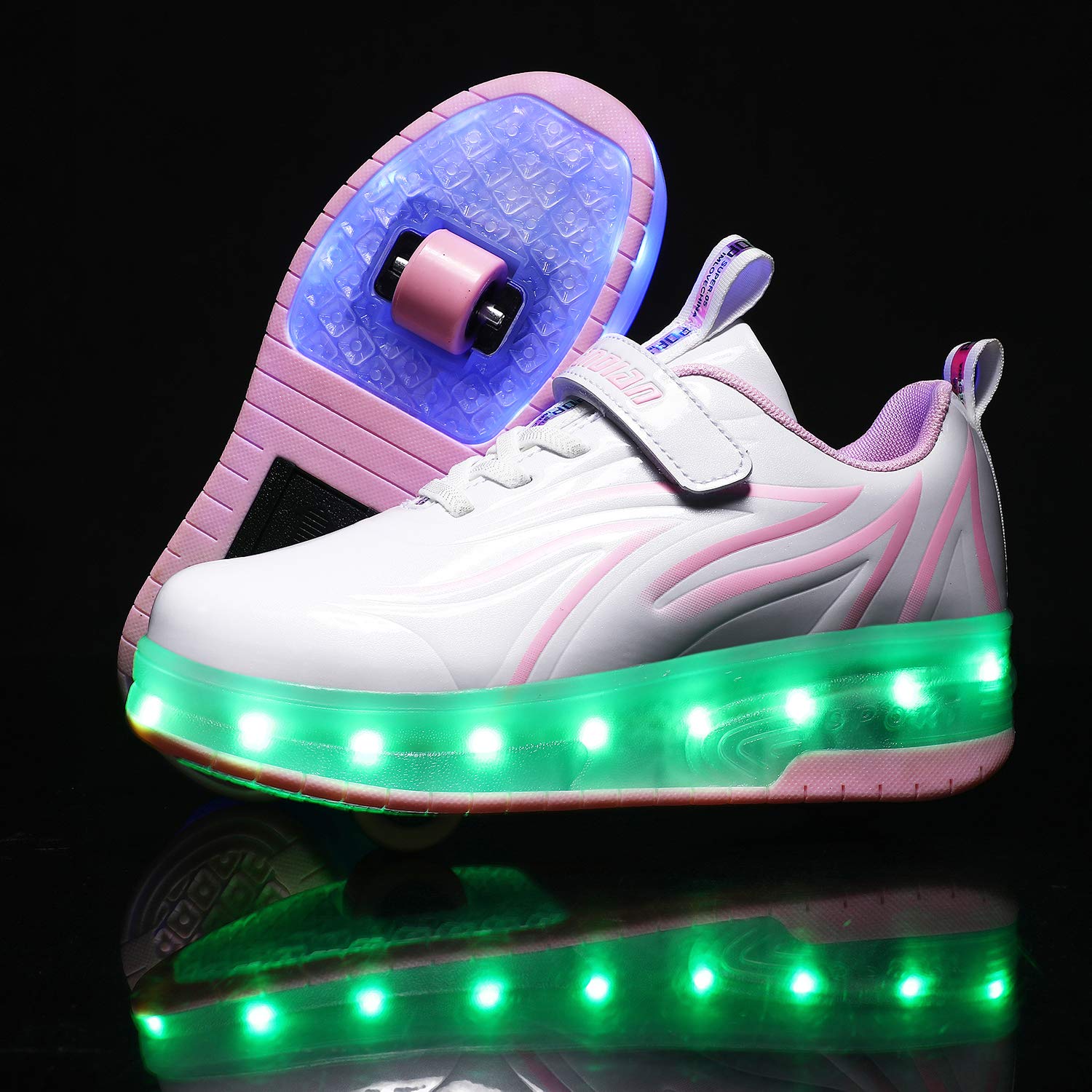 Kinder USB Wiederaufladbar LED Licht Skateboardschuhe mit Doppelrad Rollen Outdoor Sport Sneaker