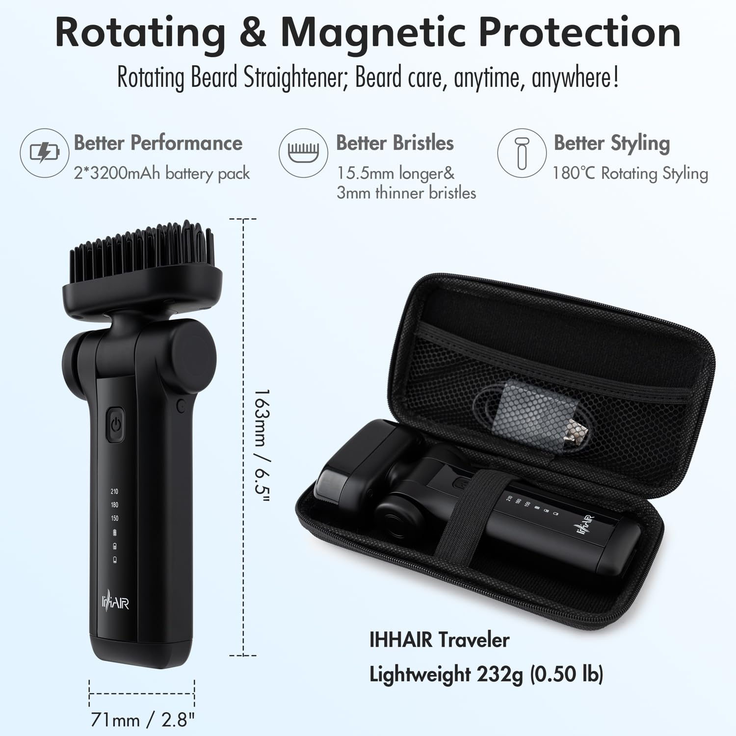 Cepillo alisador de barba portátil para hombres, recargable por USB, batería de 6400 mAh, peine antiquemaduras de 360°, calentamiento rápido, funcionamiento silencioso para barbas cortas y