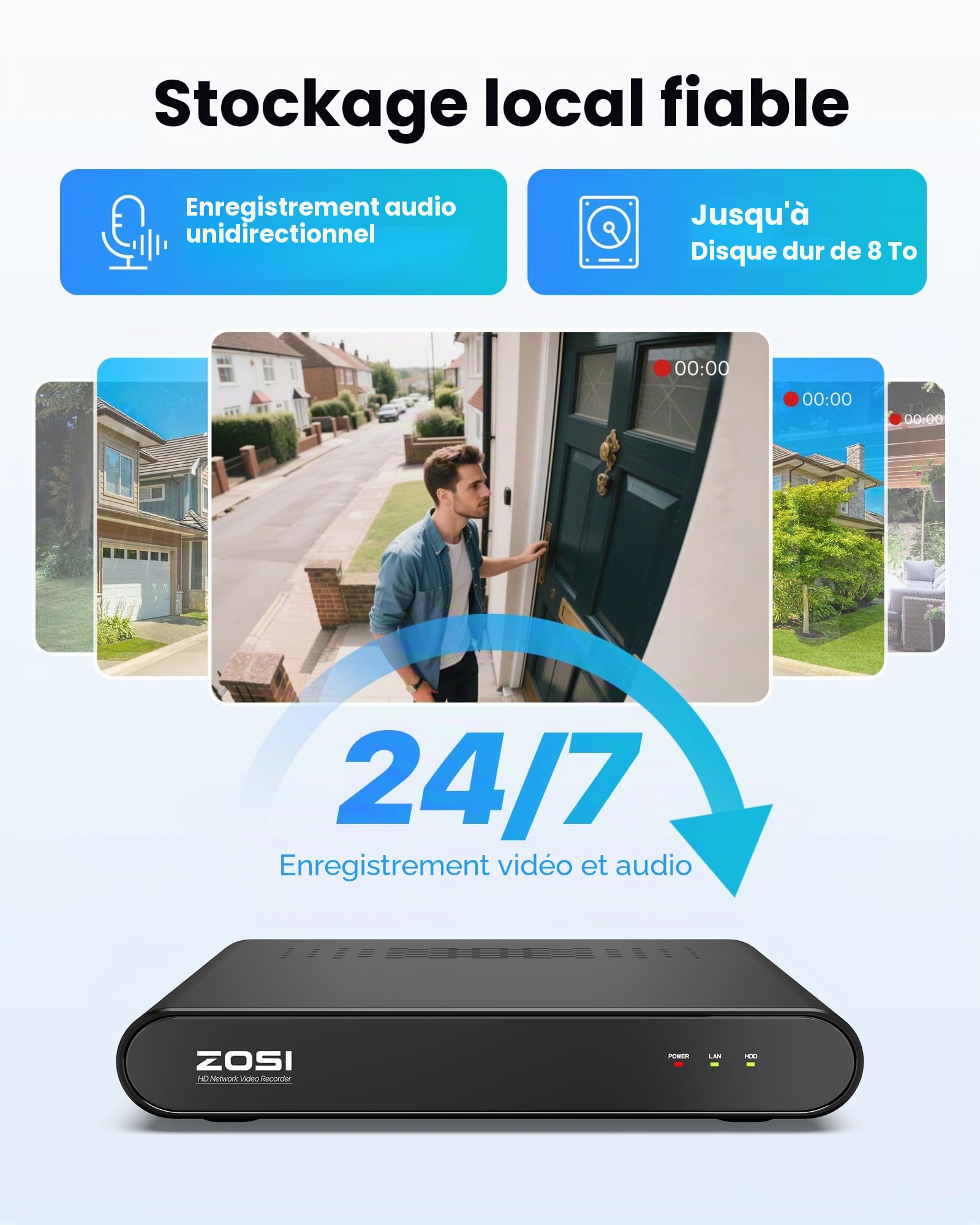 ZOSI 2.5K Kit Camera Surveillance Extérieure PoE NVR 2TB 8CH 5MP | Audio Bidirectionnel, Détection de Personne, Alerte Instantanée et Accès à distance, Vision Nocturne 30 m, C220