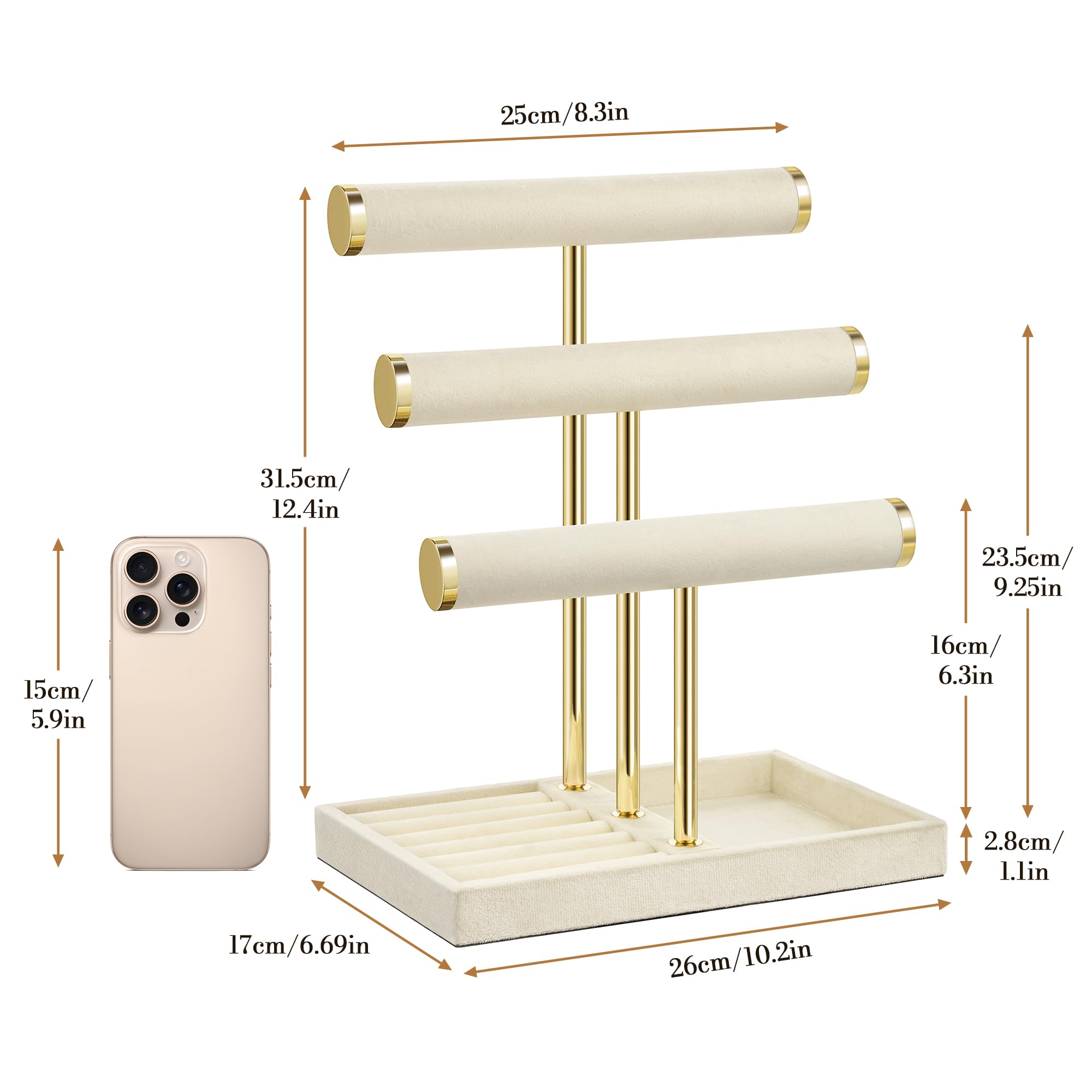 Josmimic Organizador de Joyas 3 Niveles - Grande Expositor Beige para Pulseras, Expositor con Barra en T Extraíble, Soporte de Terciopelo para Pulseras, Collares, Relojes y Anillos