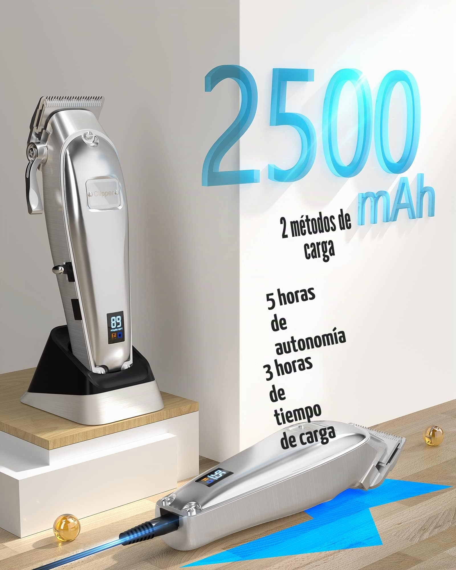 oneisall Esquiladora profesional para perros de pelo grueso con base, máquina eléctrica para perros con 6500 rpm, potente motor para pelo grueso, largo y rizado (plateado)