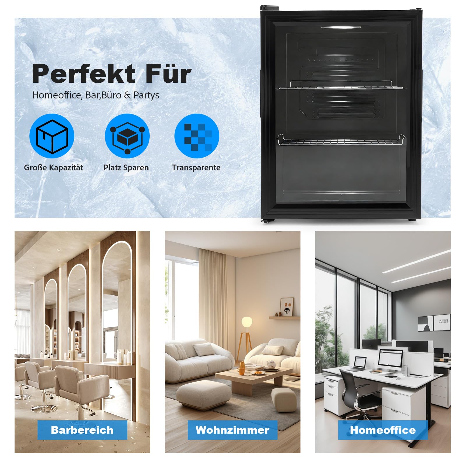 Trintion Mini Kühlschrank 60L mit Glastür, Kompakter Getränkekühlschrank, 2 Verstellbare Ablagen, Schwarz