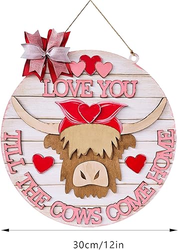 Miniatura 7 de Letrero de bienvenida del día de San Valentín para decoración de puerta delantera, lindo letrero de bienvenida de vaca de las tierras altas,