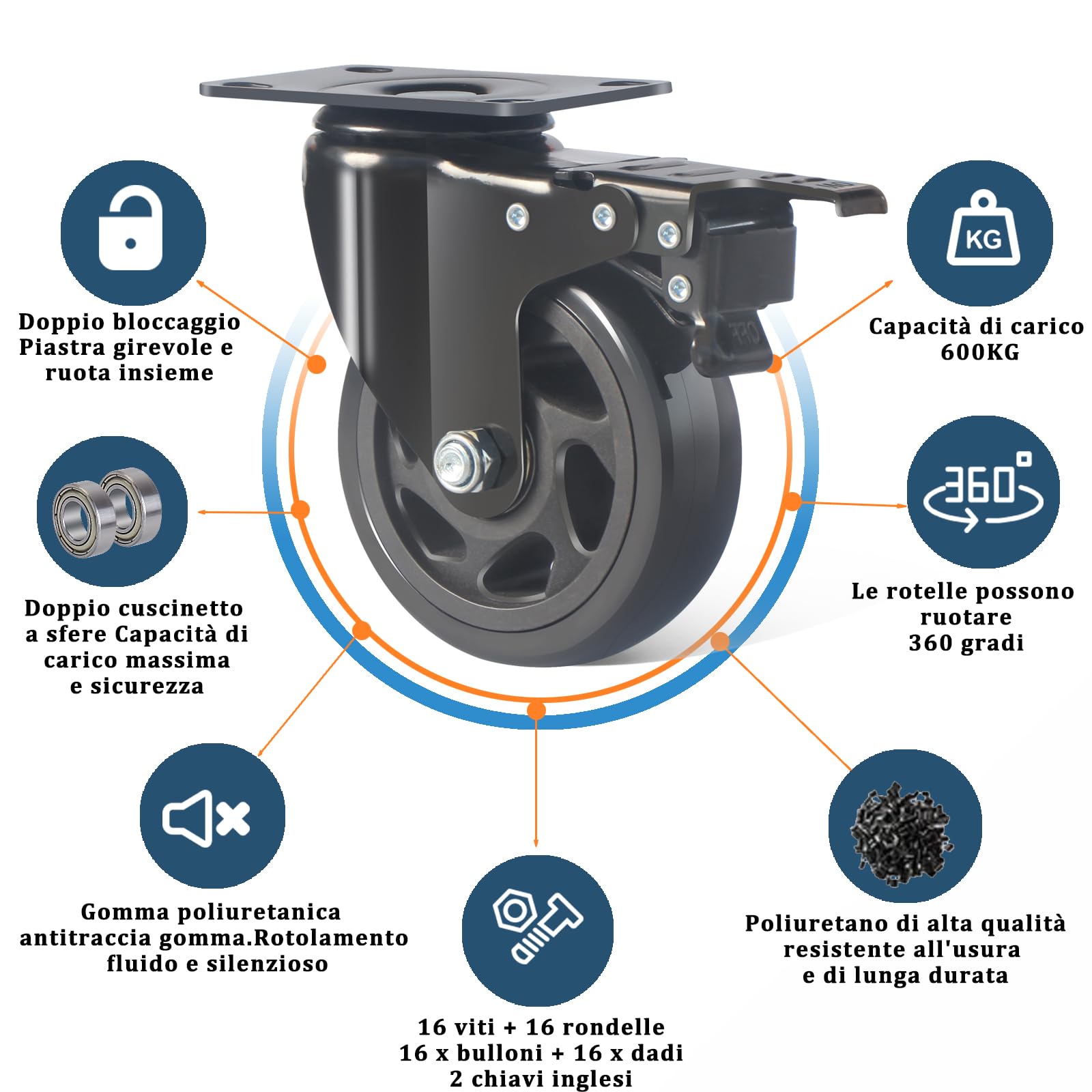 Ruote per Mobili Pesanti da 100MM, Ruote per Carrello con Freno Carico 600kg, Set di 4 Rotelle Girevoli per Mobili Rotanti a 360°, Ruota Pesanti Rotelle in PU Silenziose e Resistenti