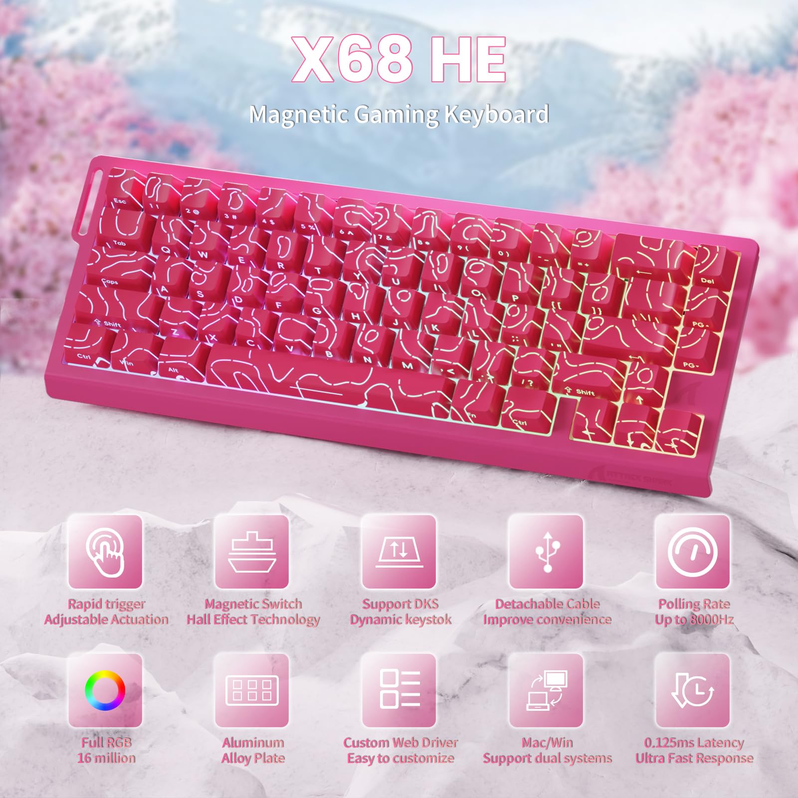 MAMBASNAKE x Attack Shark X68HE Teclado con Interruptor magnético de gatillo rápido, accionamiento Ajustable de 0,01 mm, con Cable en Espiral, 8000 Hz, RGB, Teclas PBT,SOCD (Rosa)