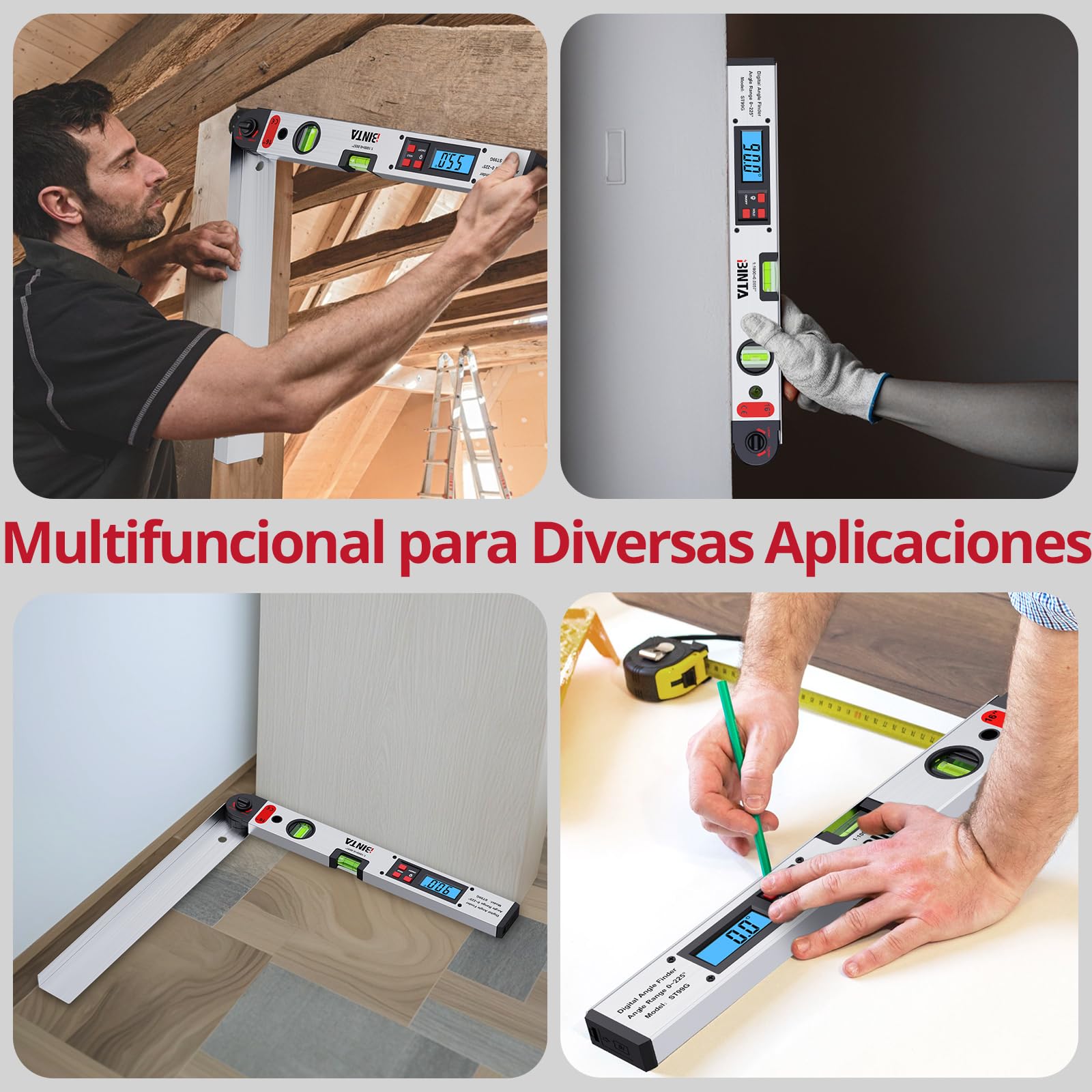 BINTA Buscador de Ángulo Digital con Rango de 0-225°/400mm | Medidor de Ángulos LCD Retroiluminado Herramienta con Doble Horizontal/Vertical para Carpintería, Bricolaje (Negro)