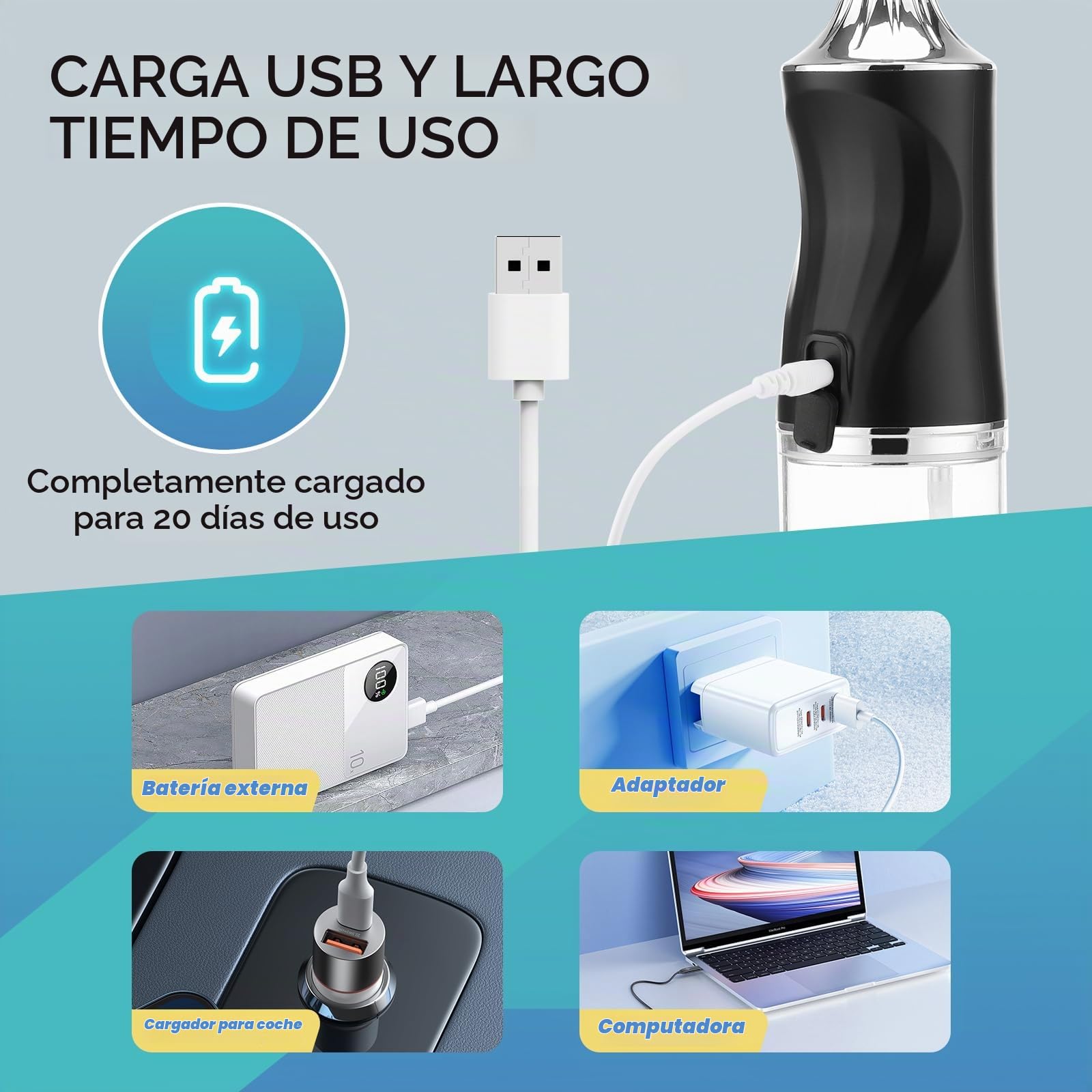 Irrigador Bucal Inalámbrico para Dientes, Limpiador Dental Recargable con 4 Boquillas para Limpieza Profunda, Irrigador Dental IPX7 Impermeable para Uso Diario en Casa