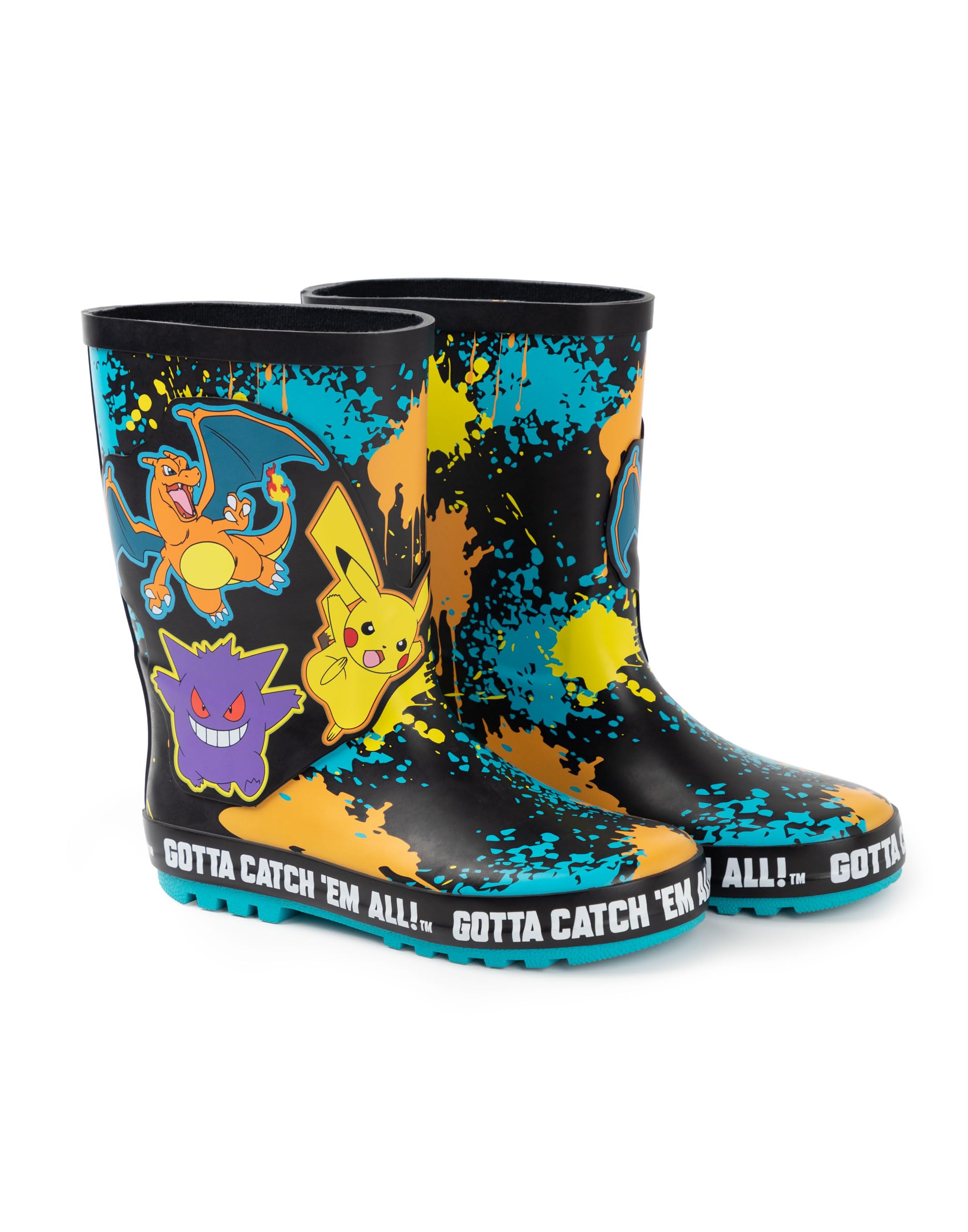 Pokémon Bottes Wellington Garçons | Bottes en caoutchouc pour enfants avec impression de personnages Pikachu, Gengar et Charizard en noir