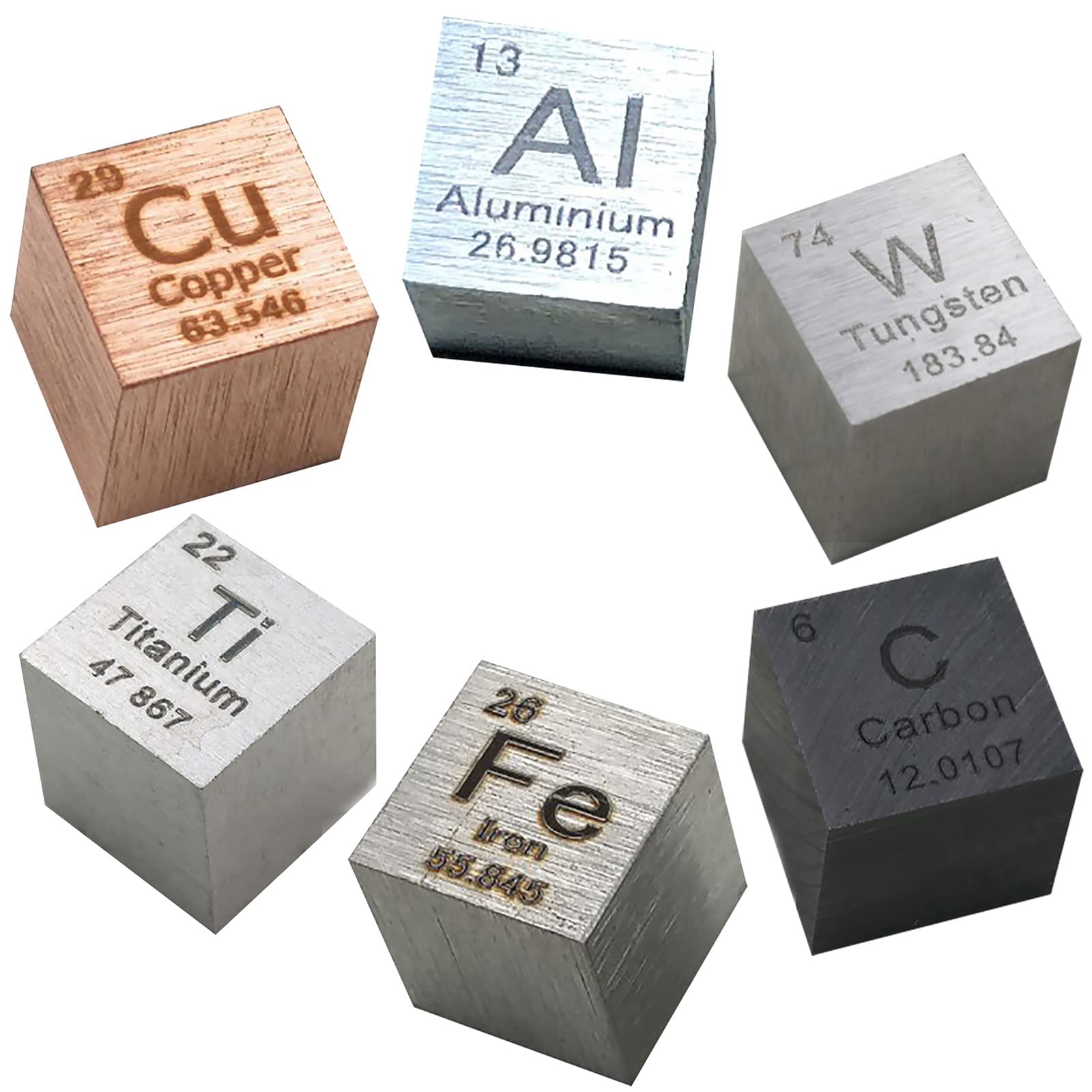 TIHONORI 6 Piece Metal Element Cubes Set - Density Cube Set for A Periodic Table of Elements Collection - Pure Tungsten Cube, Titanium, Nickel, Aluminum, Iron (.39 Inch/10mm)