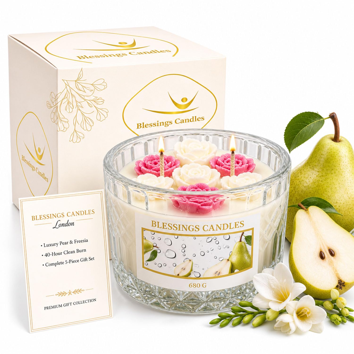 Pear and Freesia Scented Candle Gift for Women, Luxury Soy Wax Aromatherapy Candle in Crystal Glass Jar,Candle Gift Set for Birthday, Christmas, Housewarming & Relaxing Home Décor