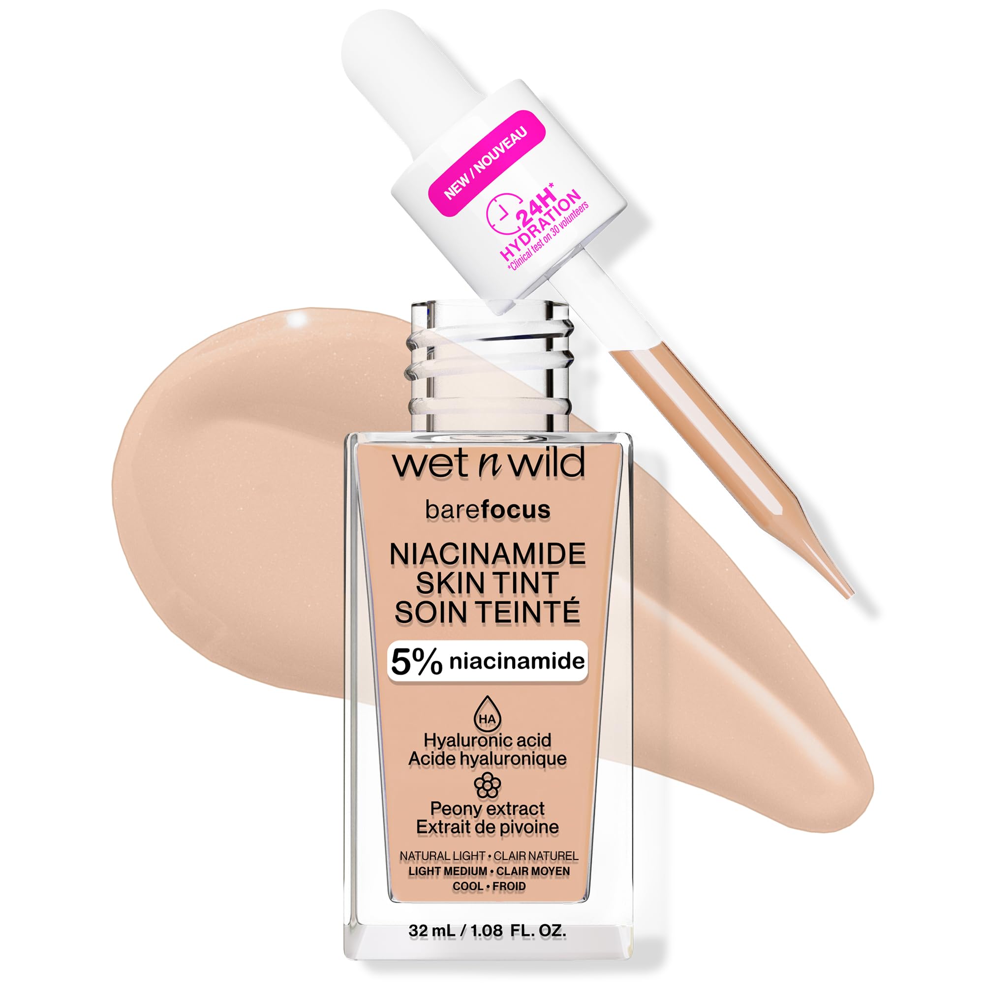 Wet n Wild Bare Focus Niacinamide Skin Tint, Hydrating Tinted Serum with Hyaluronic Acid, Lightweight Sheer-to-Medium Glow