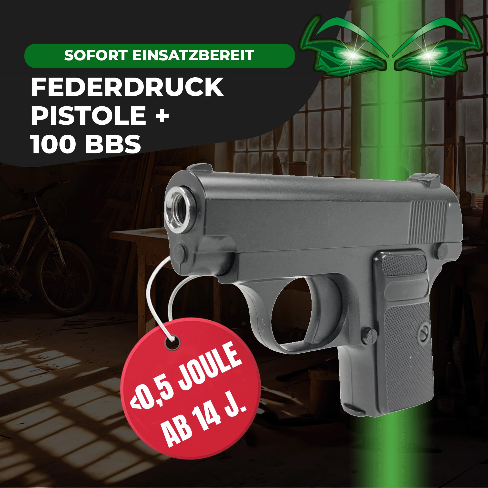Set: Fritz-Cell Airsoft Pistole Federdruck Softair 0,5 Joule, inkl. 100 x 6 mm BB Soft-Air Kugeln schwere Ausführung (G1A) mit Schalldämpfer
