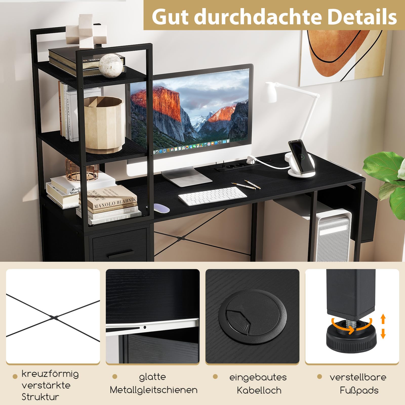 COSTWAY Biurko ze stacją ładującą i oświetleniem LED, biurko komputerowe z otwartymi półkami, 2 szufladami, szafką, podstawką pod CPU i torbą materiałową, biurko gamingowe do domu, biura, czarne