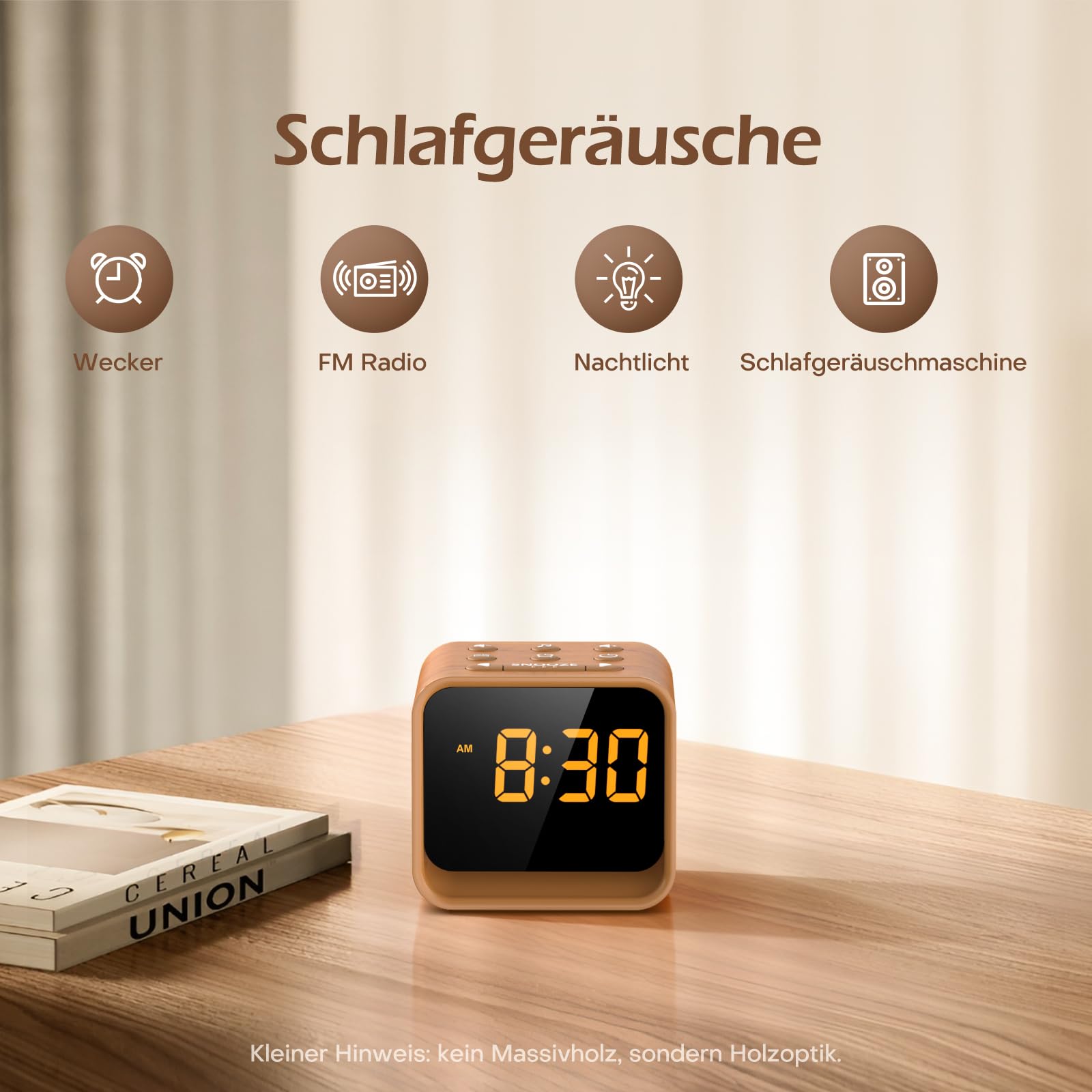 REACHER Radiowecker für das Schlafzimmer, Digitale FM Radiouhr mit Weißrausch-Soundmaschine, 9 Alarmtönen, dimmbarem Display, 7 Farben Nachtlicht, Automatischem Abschalt-Timer, Snooze