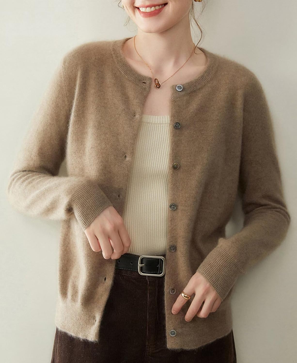 100% Cashmere Women’s Crew Neck Cardigan – Premium Lightweight Pure Cashmere Sweater image 3
