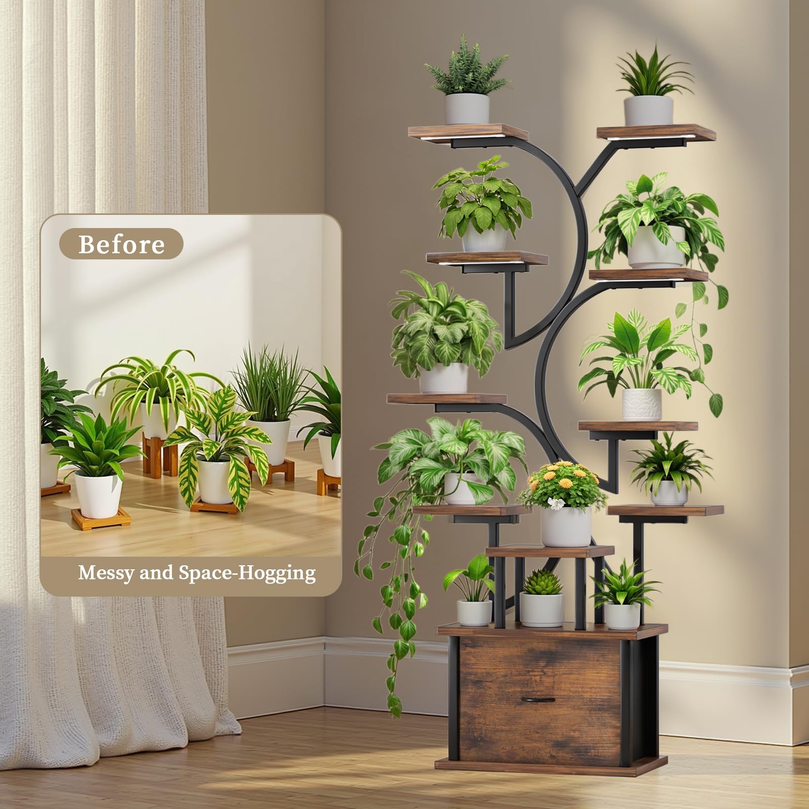 Soporte para plantas de interior con luces de crecimiento, estante para plantas de 11 niveles con cajón, soportes de esquina de 65 pulgadas para plantas de interior, soporte de plantas para múltiples 2