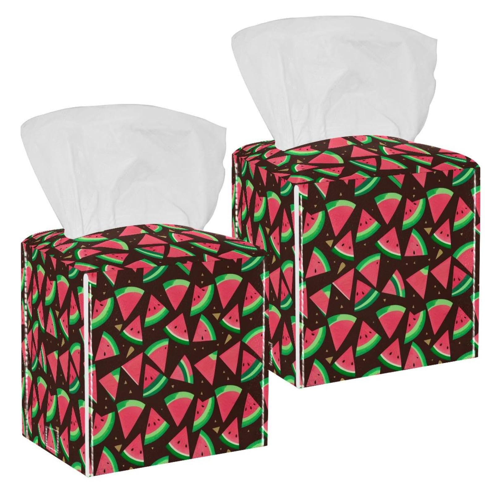 Watermelon Tissue Box Cover, 2 Pack PU Leather Square Facial Tissue Dispenser Box holder for Home Office Car