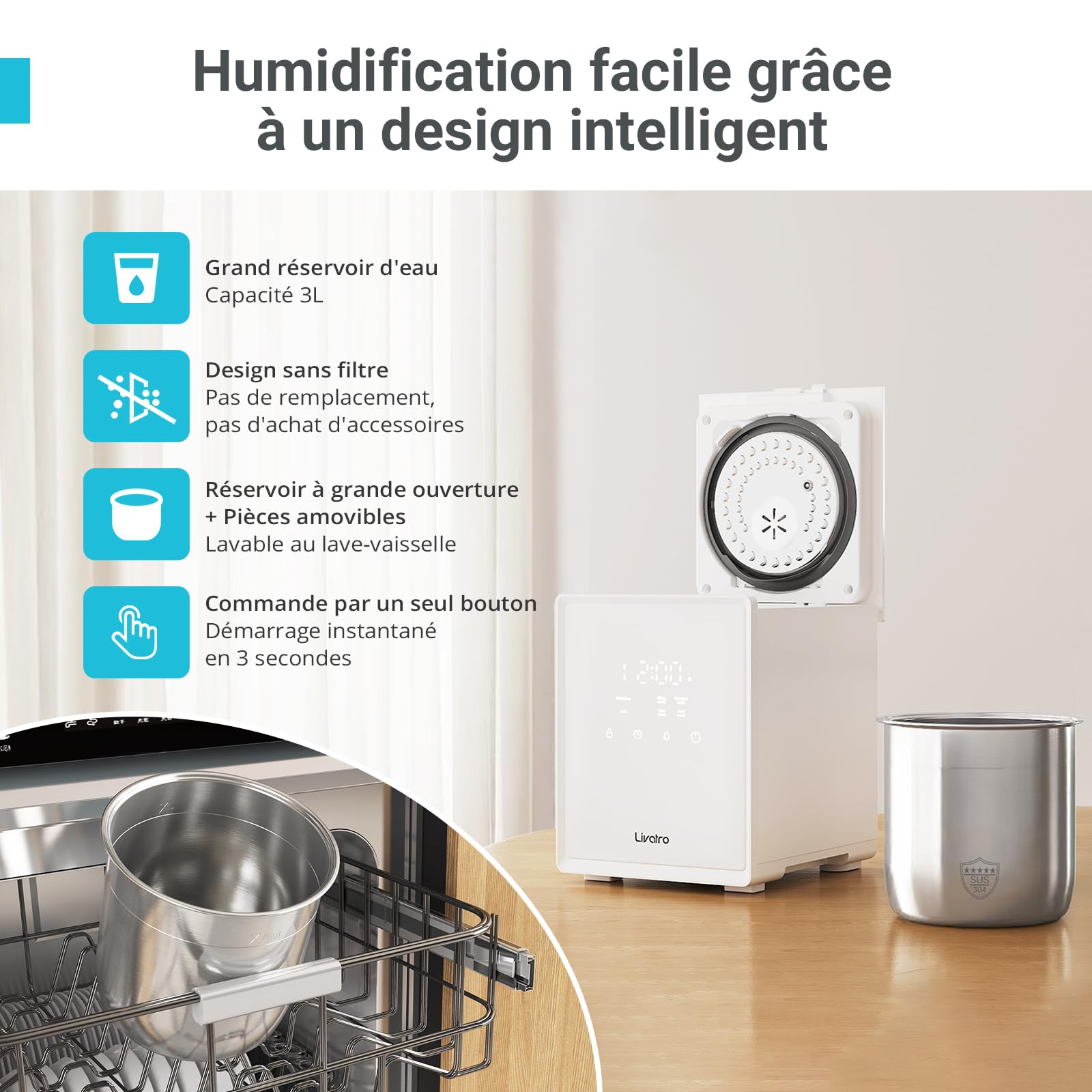 Livatro Humidificateur d’Air Chambre Top-Fill, 3L Humidificateur à Brouillard Chaud en Acier Inoxydable, Réduit 99,97% des Bactéries, avec Plusieurs Modes d’Humidité, Timer, pour la Maison, le Bureau