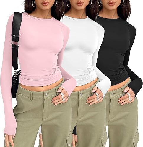 AUTOMET Camisas de manga larga de 3 piezas para mujer, básicas, para salir, otoño, moda, ropa interior, ajustada, Y2K