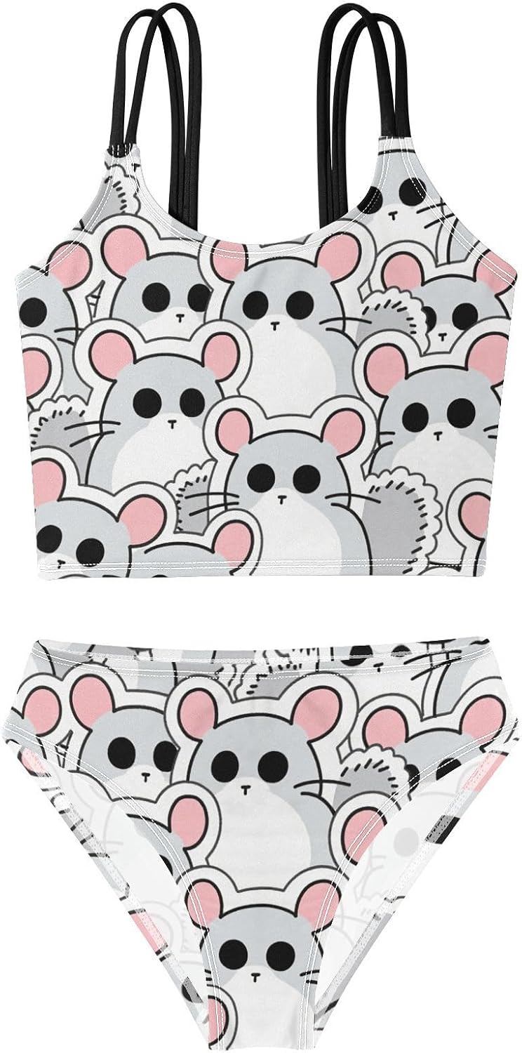 visesunny Girls Two Piece Swimsuits Cute Gray Hamster Design Girl's Bikini Sets Bathing Suits for Girls Size 5-12Y
