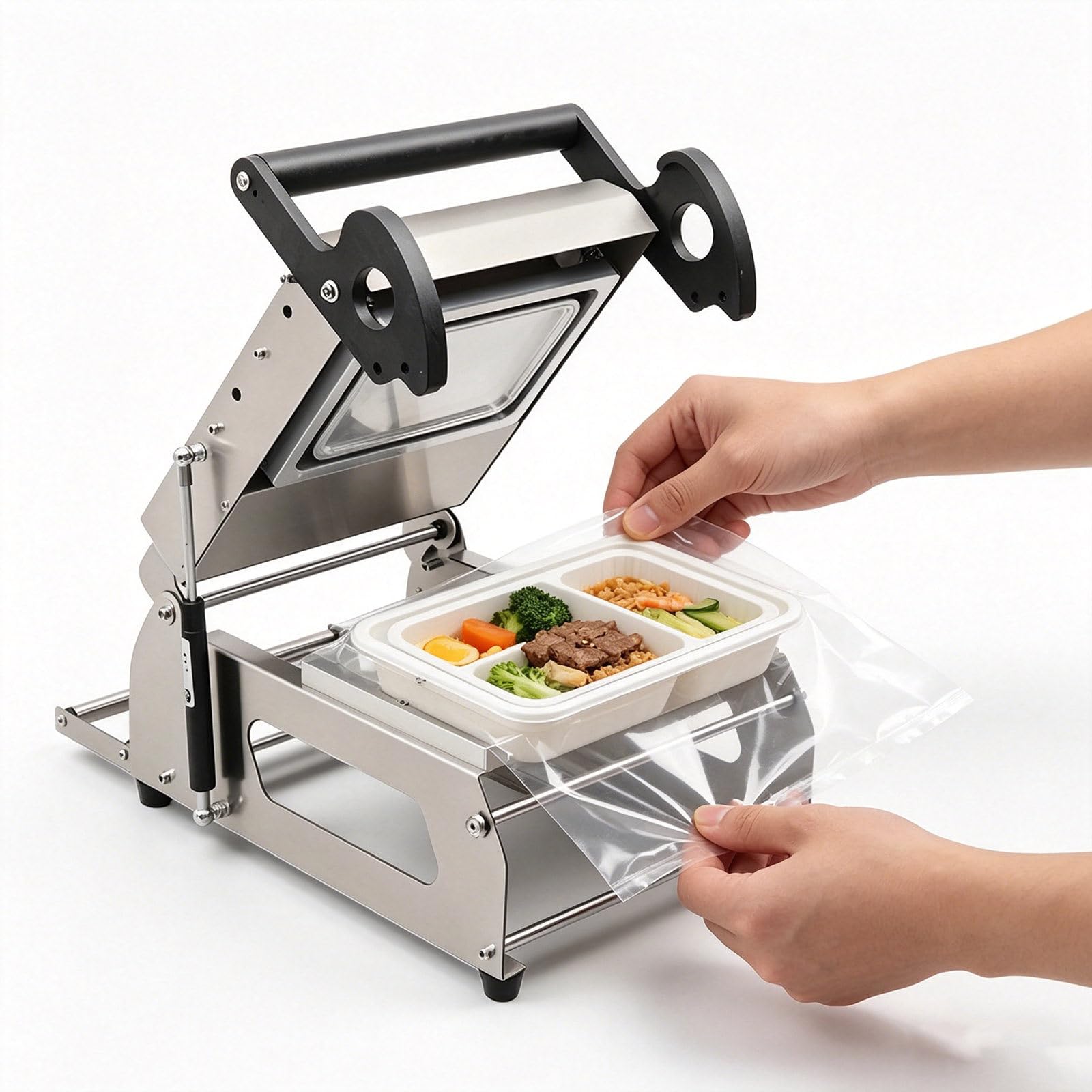 Sellador de bandeja manual resistente 600W acero inoxidable, máquina de empaquetado de alimentos a presión de mano para contenedores para llevar, sellador de calor portátil con control de temperatura
