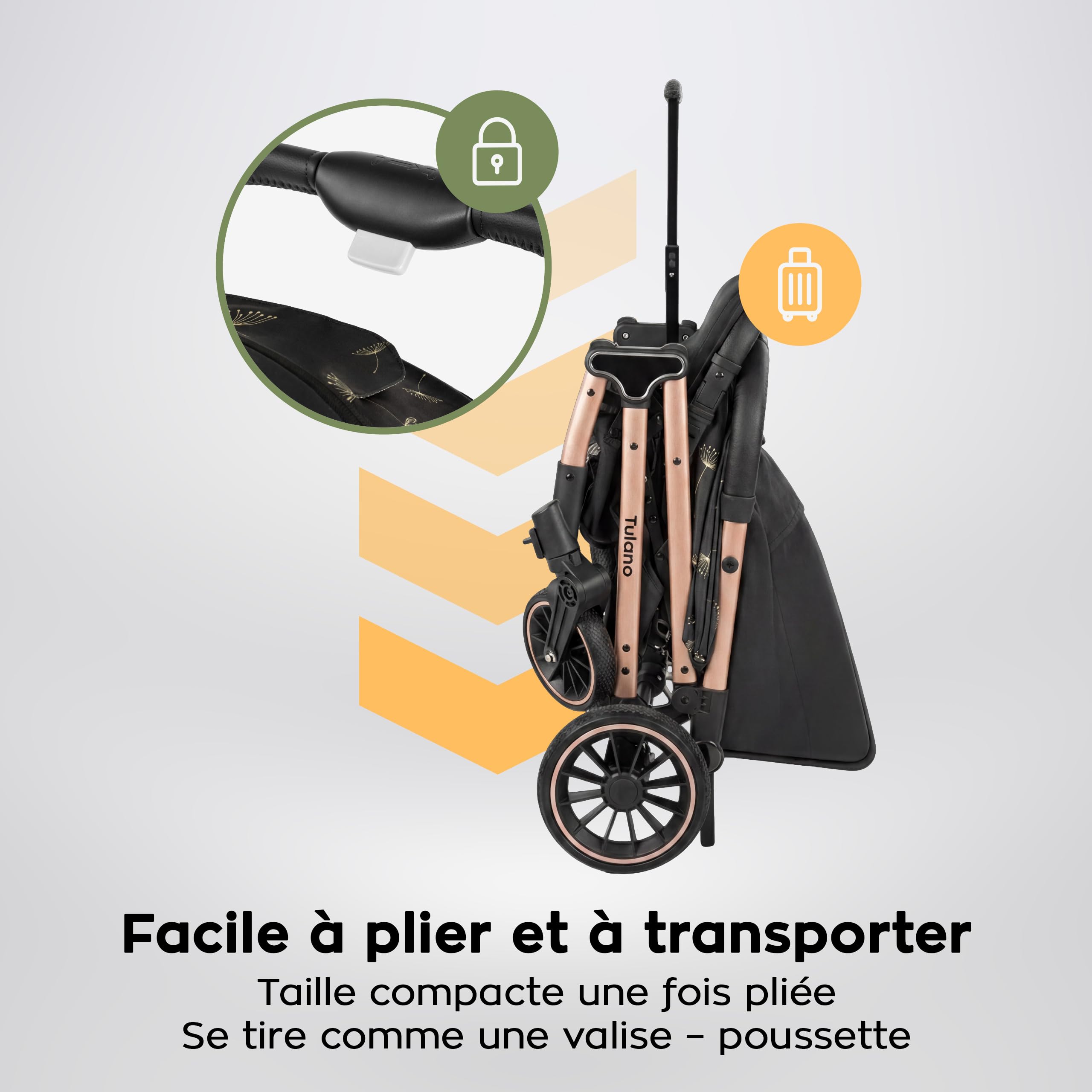 TULANO Lagos 35 Poussette Canne Compacte & inclinable - poussette bebe & voyage - Légère et Pliable - Jusqu'à 15 kg - Fonction Valise - Panier - Couvre-Jambes et Porte-Gobelet Inclus – Noir/Or
