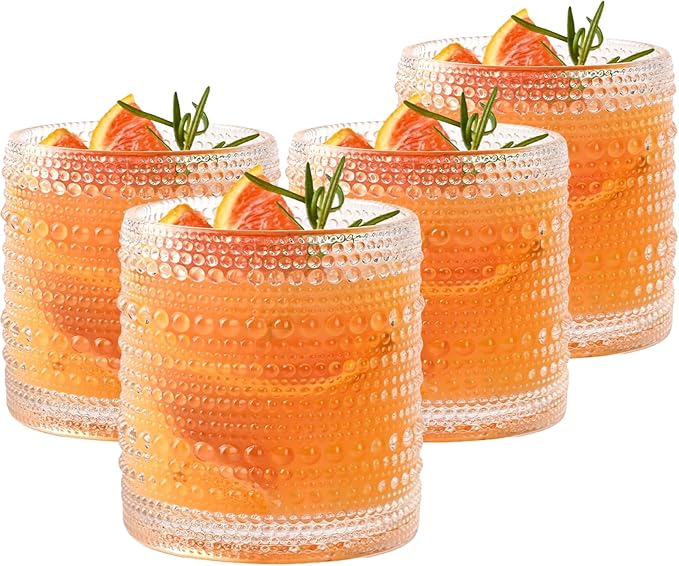 Set of 4 Hobnail Drinking Glasses,15.2 Oz Romantic Water Glasses, Clear Embossed Design Vintage Glassware, Cocktail Glasses, Beaded Drinking Glasses for Water, Beer, Juice(15oz+4")