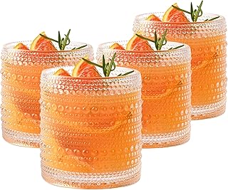 Set of 4 Hobnail Drinking Glasses,15.2 Oz Romantic Water Glasses, Clear Embossed Design Vintage Glassware, Cocktail Glasses, Beaded Drinking Glasses for Water, Beer, Juice(15oz+4")