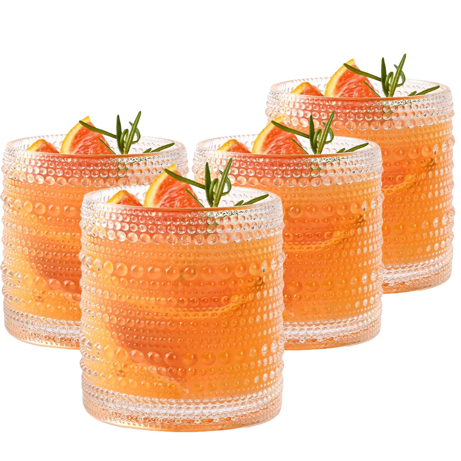 WANYISHUN Set of 4 Hobnail Drinking Glasses,15.2 Oz Romantic Water Glasses, Clear Embossed Design Vintage Glassware, Cocktail Glasses, Beaded Drinking