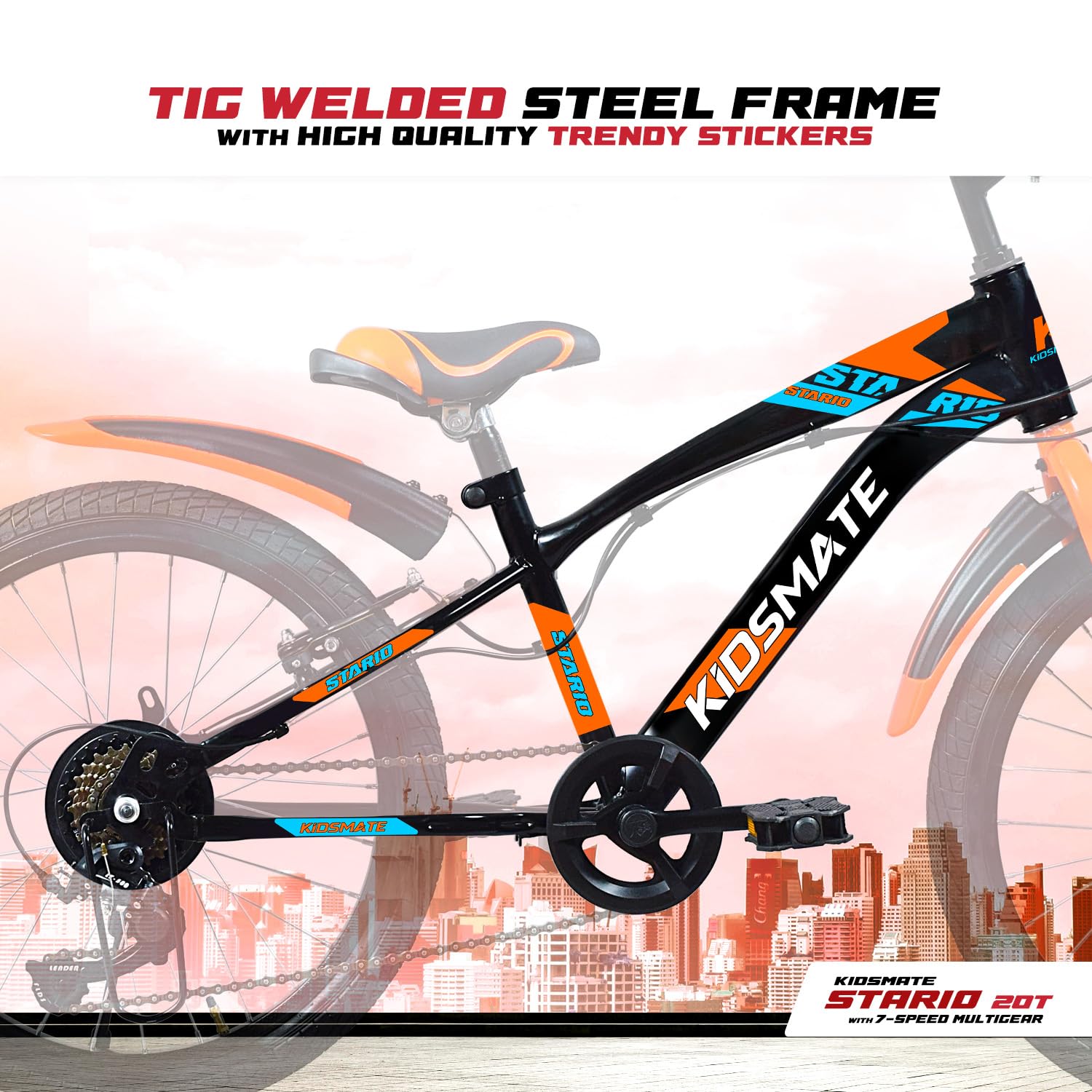 Kidsmate Stario Bike 20T 7 Speed Kids Cycle | Frame Size 12 Inch | Gear Bicycle for Boys & Girls of Ages 7 to 10 Yrs - Black/Orange — Amazon image 3