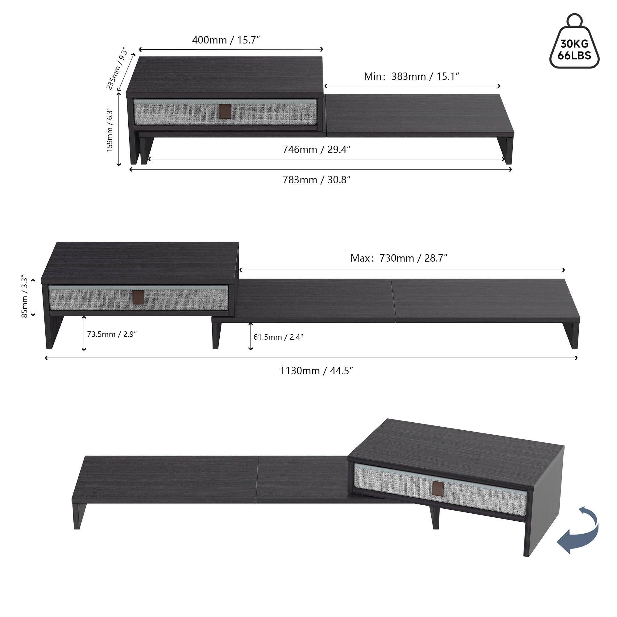 Fenge Supporto per Monitor Doppio con Cassetto, Supporto Monitor in Legno con Lunghezza e Angoli Regolabili, per PC/Laptop/Stampante, 78,3-113x23,5x15,9cm, Nero