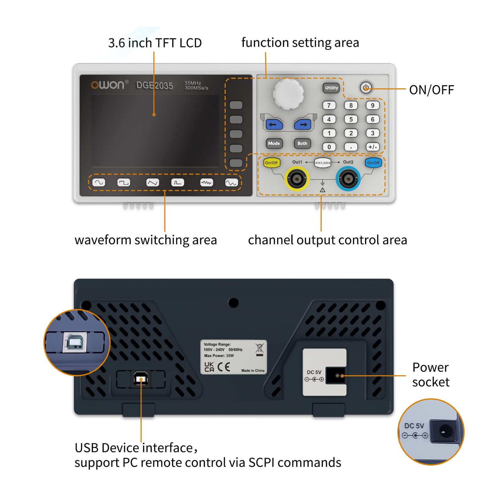 OWON DGE2035 Arbitrary Waveform Generator AWG 14bit Risoluzione verticale 2CH 35MHz 125MSa/s 3,6 pollici LCD Digital Signal Generator