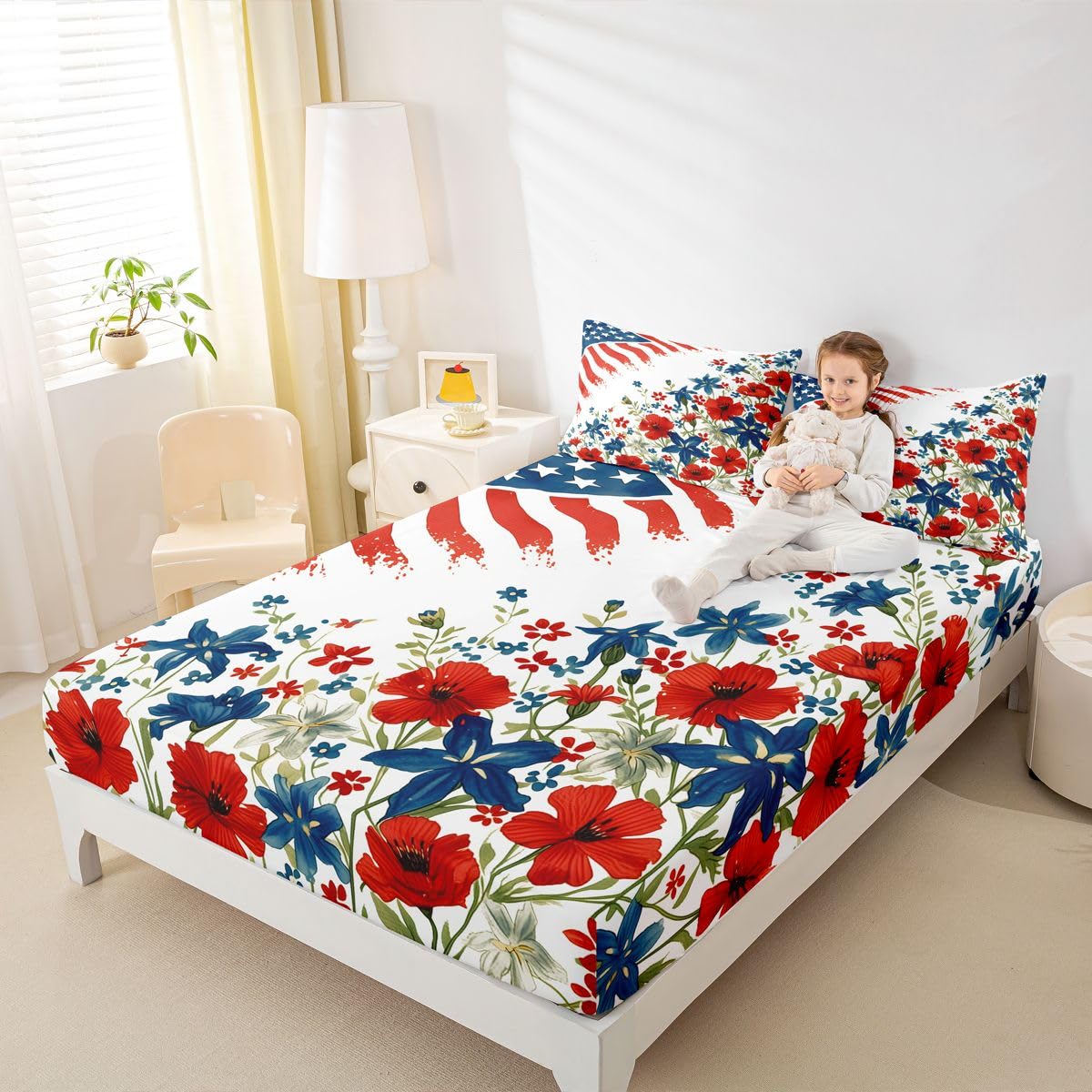 Manfei Juego de sábanas bajeras de 3 piezas con diseño de bandera estadounidense, diseño de flores de acuarela, estilo patriótico y rústico con 2 fundas de almohada, decoración de habitación infantil