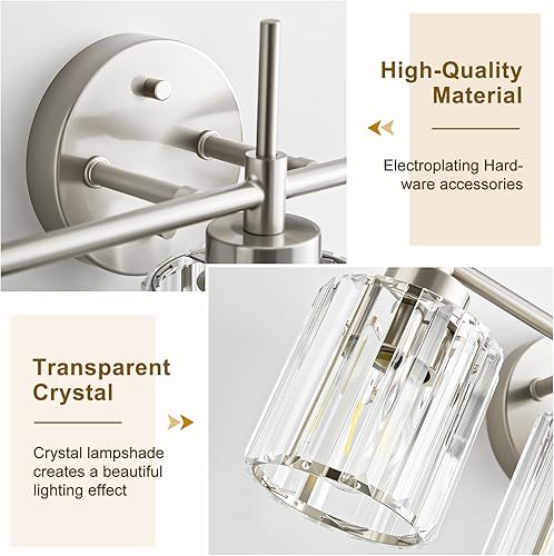 Miniatura 3 de Lámparas de baño de 3 luces, luces de espejo de tocador de níquel cepillado, lámparas de pared vintage de baño de cristal, lámparas de pared para
