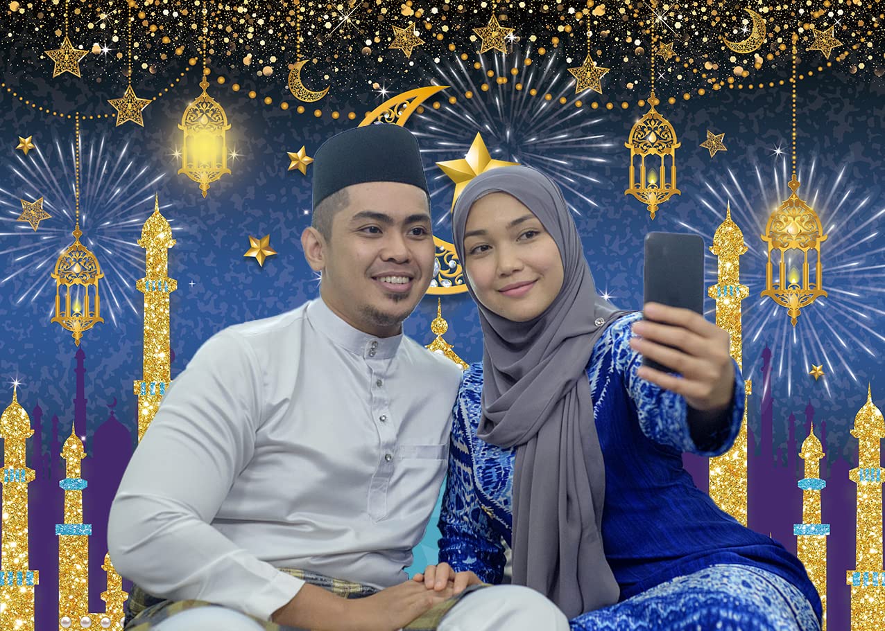 INRUI Eid Mubarak sfondo fotografico musulmano notte araba lanterna luna castello decorazione partito sfondo (2,1 x 1,5 m)