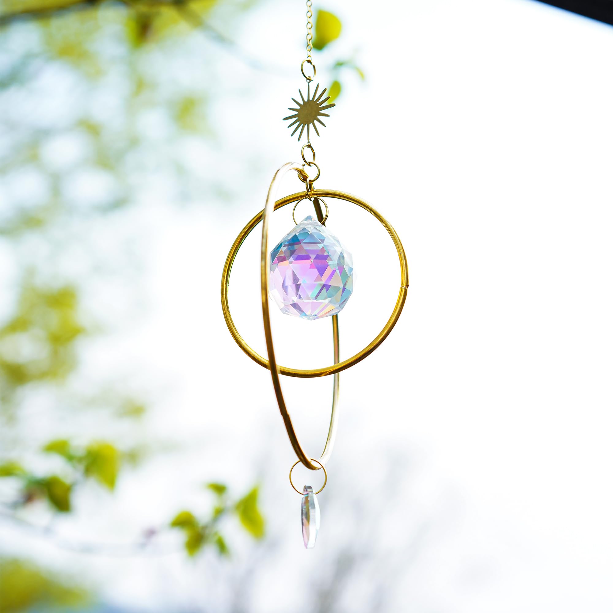 H&D HYALINE & DORA Gold Crystals Suncatcher Crystal Moon Sun Catchers Indoor Window Suncatchers Rainbow Maker Glass Ball Prism Sun Catcher with 2 Brass Circles - Image 4
