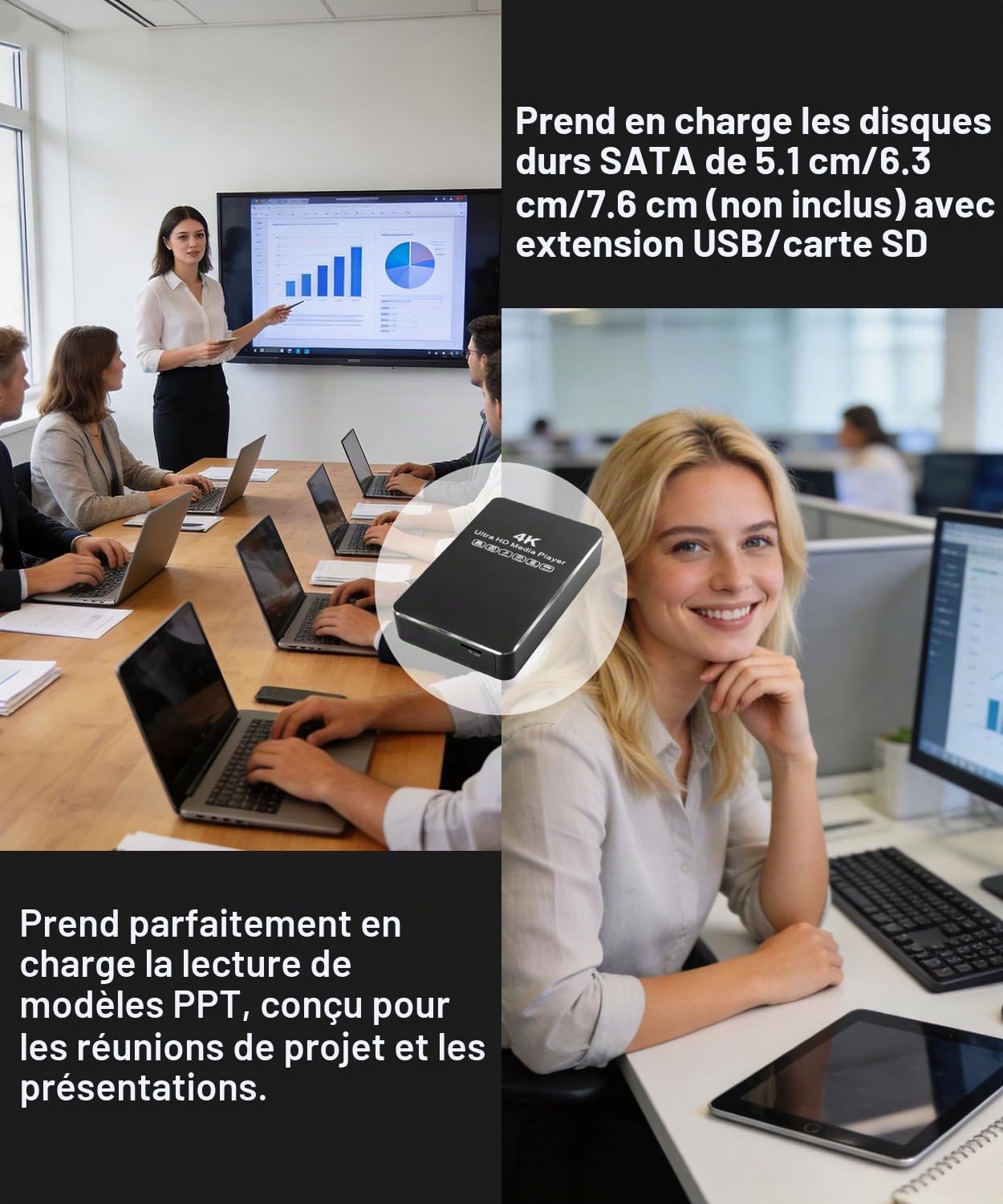 ACEMAX Lecteur multimédia hors ligne 4K @ 60 Hz avec boîtier SATA HDD/SSD 2,5", lecteur de signalisation numérique H.265/HEVC avec lecture automatique, boucle et reprise, USB, microSD, HDMI et sortie