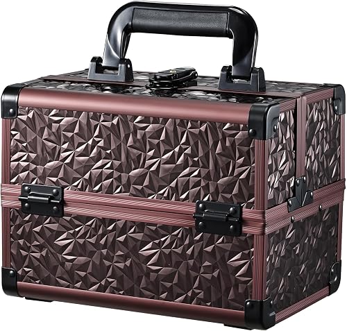 Joligrace Makeup Case Organizer Makeup Box Cosmetic Train Case with Mirror | Portable Makeup Box Organizer 2 Tray Make up Storage Case for Makeup Artist Nail Teach Craft Sewing Travel Vanity Dark Brown